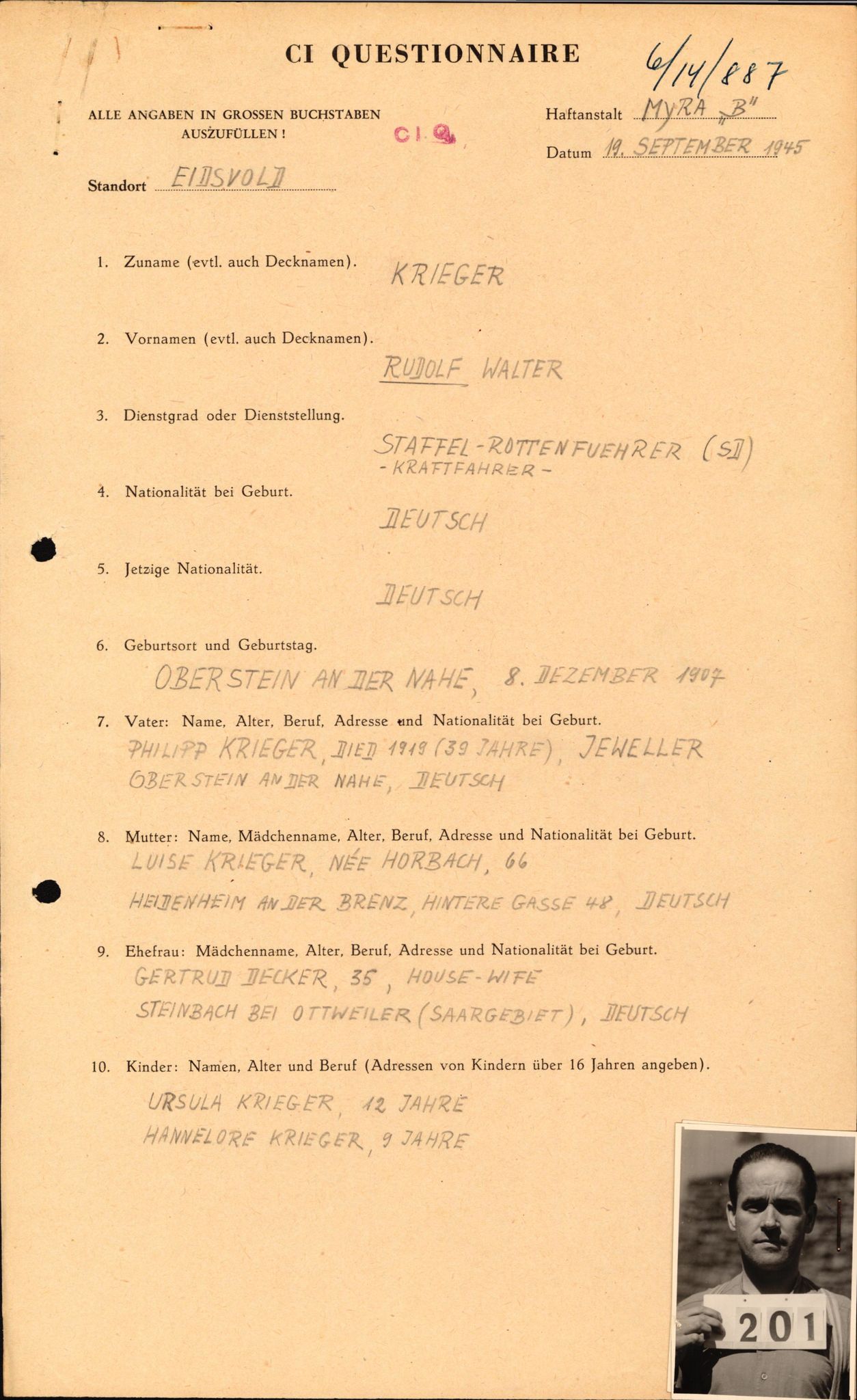 Forsvaret, Forsvarets overkommando II, AV/RA-RAFA-3915/D/Db/L0018: CI Questionaires. Tyske okkupasjonsstyrker i Norge. Tyskere., 1945-1946, p. 185