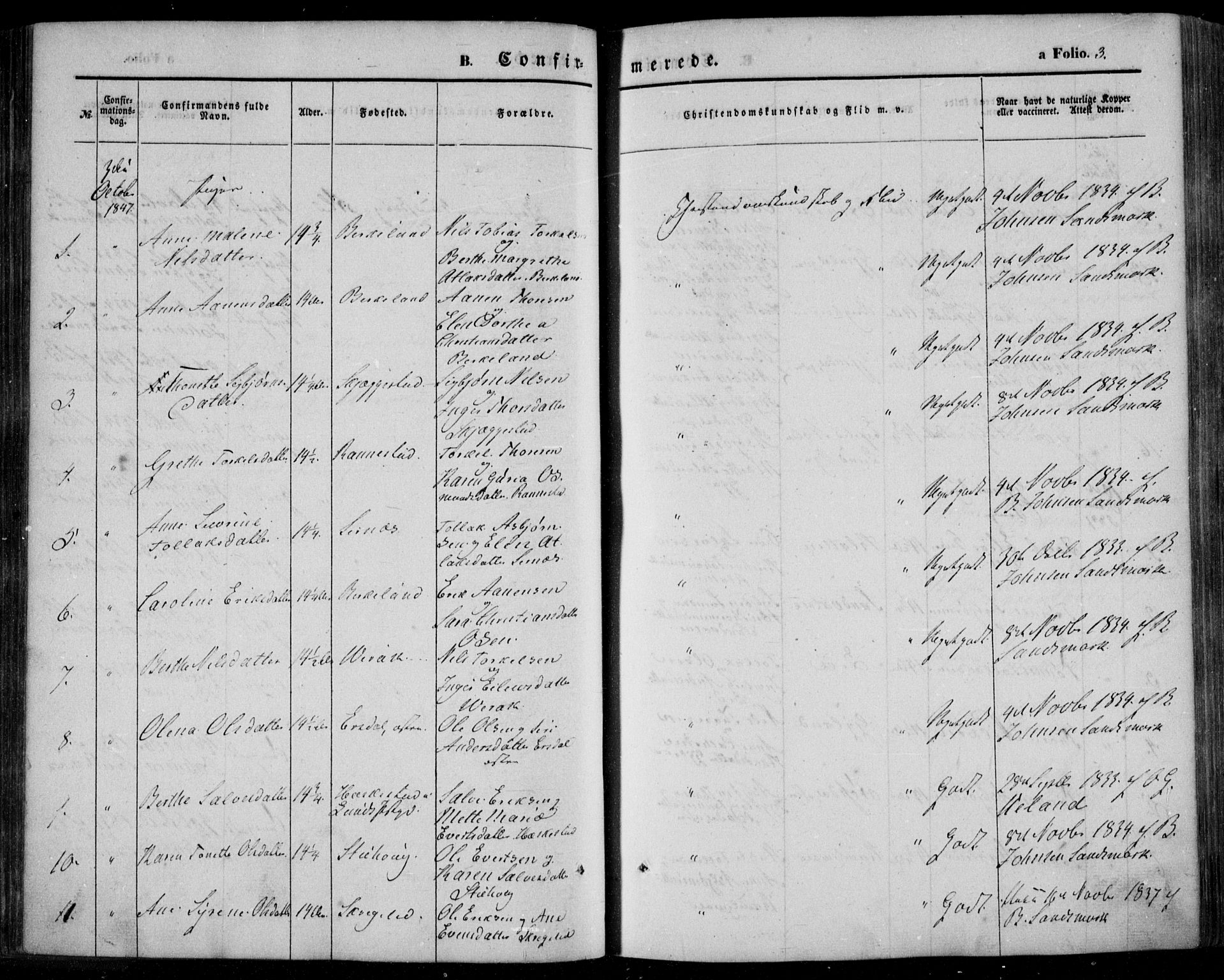 Bakke sokneprestkontor, AV/SAK-1111-0002/F/Fa/Faa/L0005: Parish register (official) no. A 5, 1847-1855, p. 3