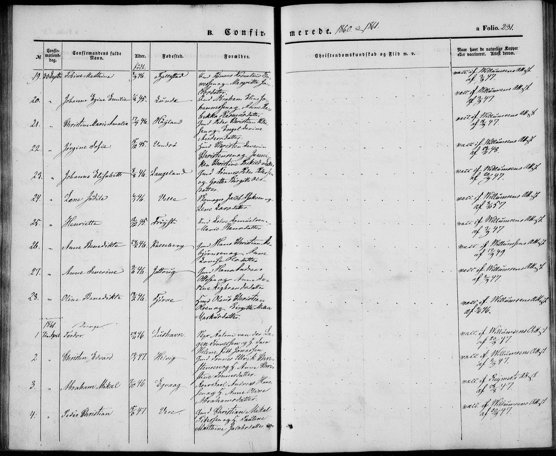 Lista sokneprestkontor, AV/SAK-1111-0027/F/Fb/L0002: Parish register (copy) no. B 2, 1847-1862, p. 231