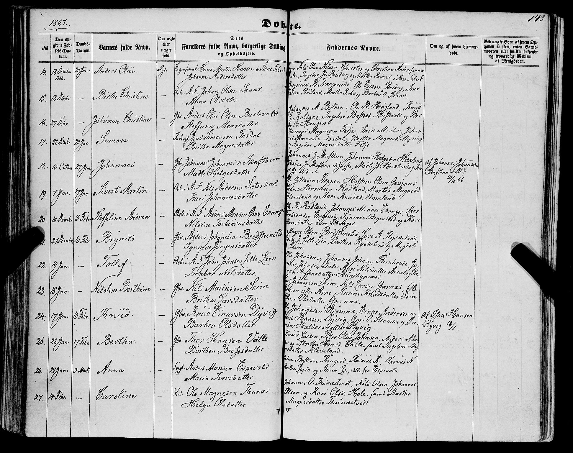 Haus sokneprestembete, AV/SAB-A-75601/H/Haa: Parish register (official) no. A 17, 1858-1870, p. 143