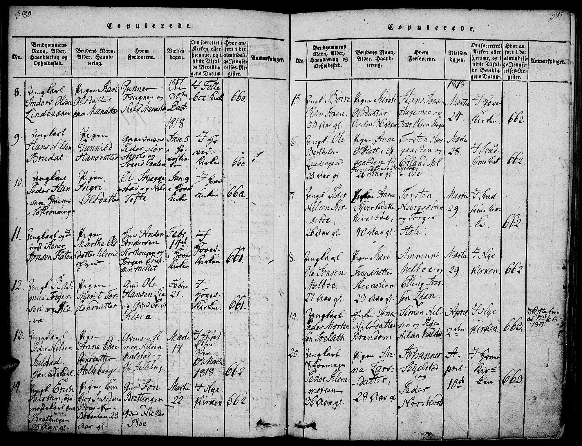 Gausdal prestekontor, SAH/PREST-090/H/Ha/Haa/L0005: Parish register (official) no. 5, 1817-1829, p. 380-381