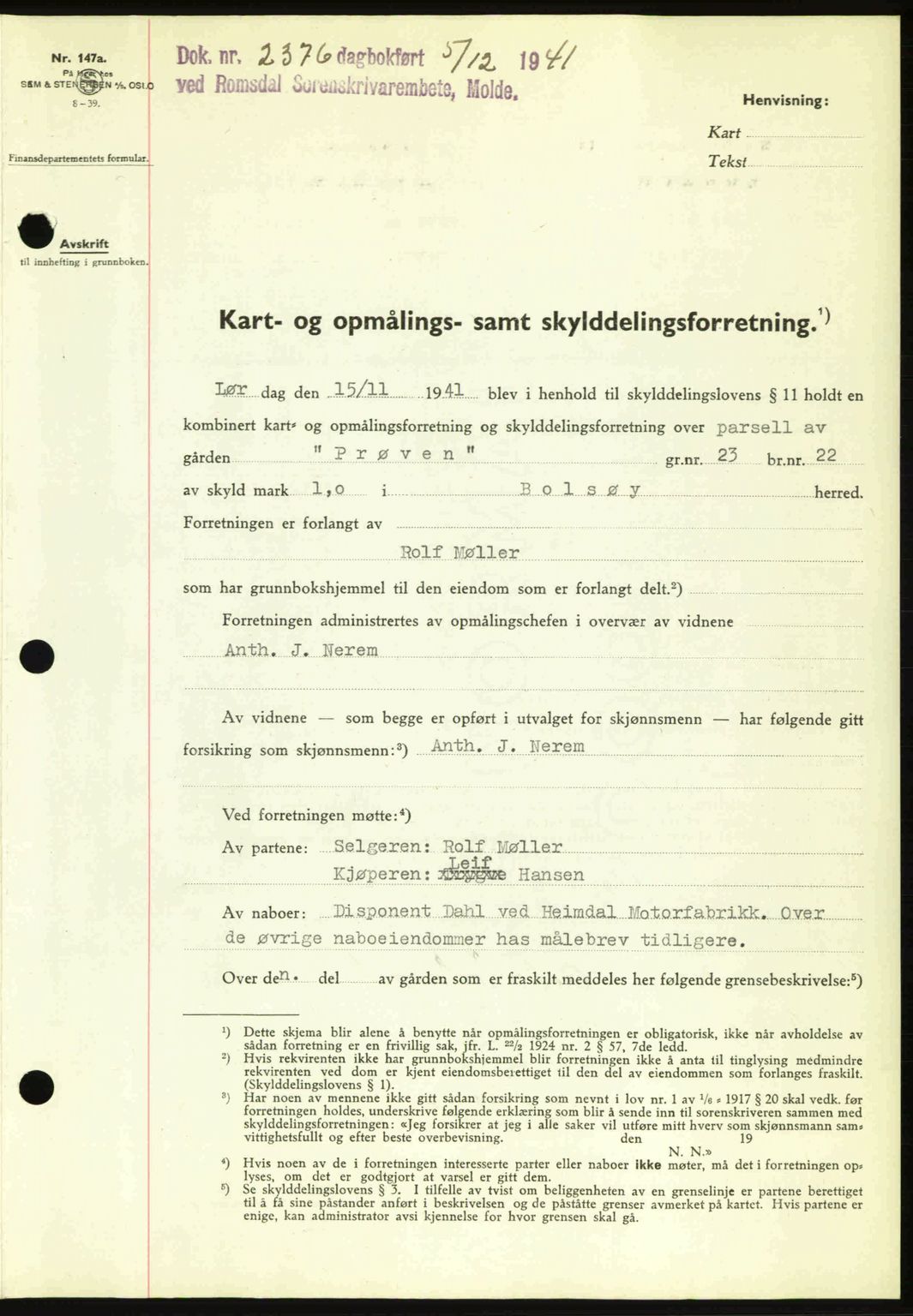 Romsdal sorenskriveri, AV/SAT-A-4149/1/2/2C: Mortgage book no. A11, 1941-1942, Diary no: : 2376/1941