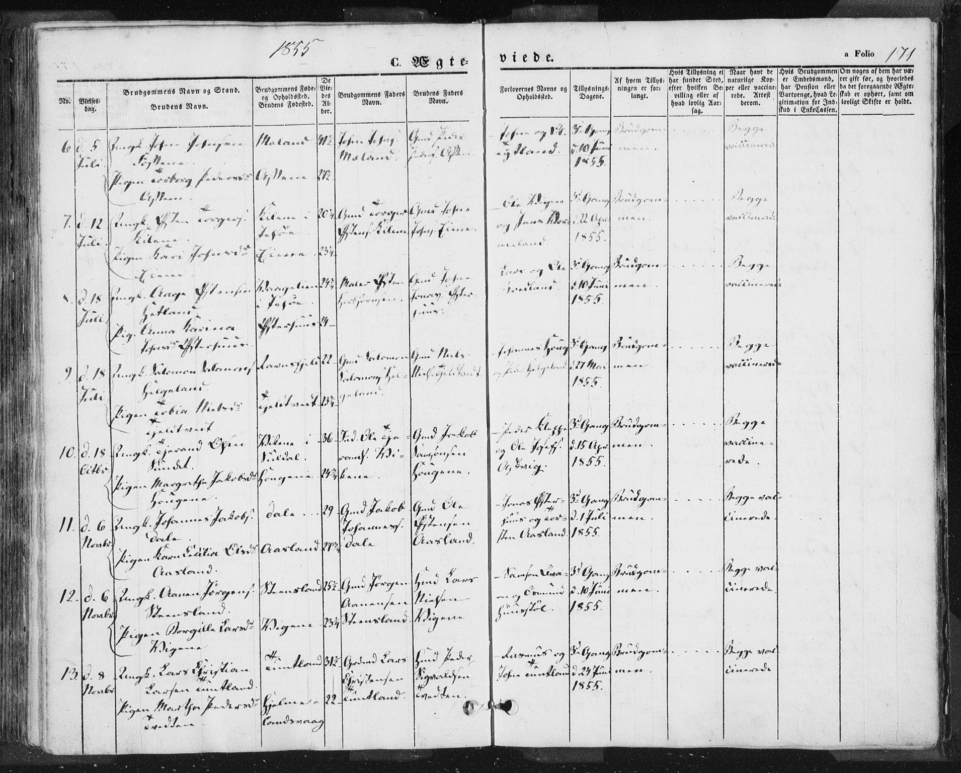 Hjelmeland sokneprestkontor, AV/SAST-A-101843/01/IV/L0009: Parish register (official) no. A 9, 1846-1860, p. 171