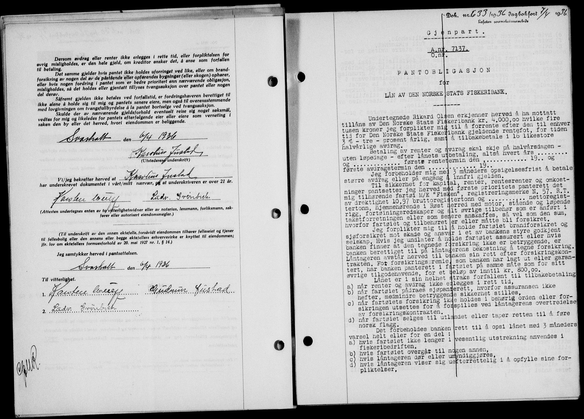 Lofoten sorenskriveri, SAT/A-0017/1/2/2C/L0033b: Mortgage book no. 33b, 1936-1936, Diary no: : 633/1936