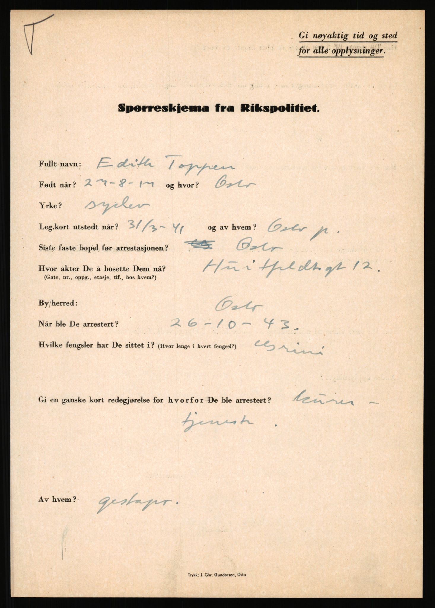 Rikspolitisjefen, AV/RA-S-1560/L/L0017: Tidemann, Hermann G. - Veum, Tjostolv, 1940-1945, p. 167