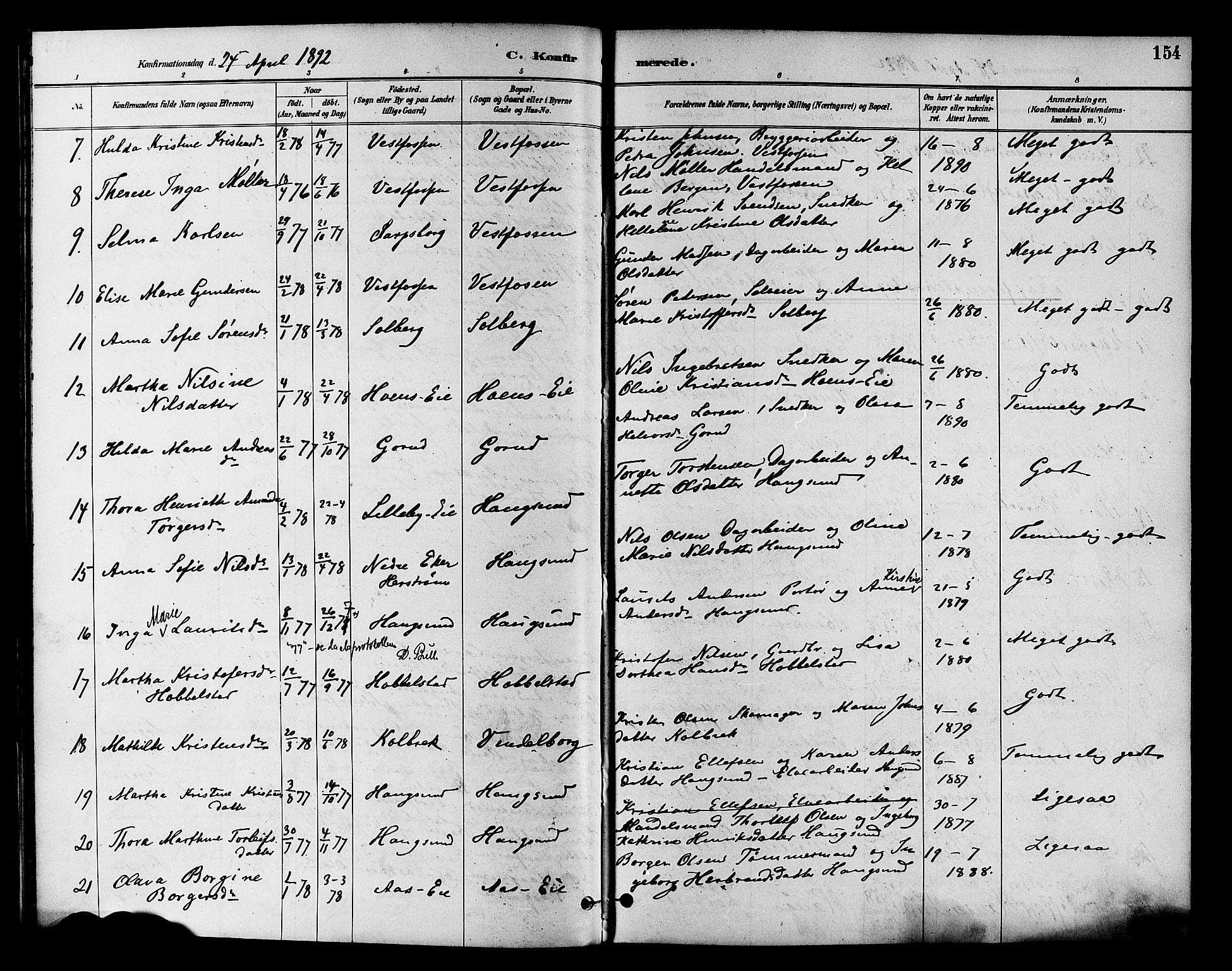 Eiker kirkebøker, AV/SAKO-A-4/F/Fb/L0002: Parish register (official) no. II 2, 1889-1896, p. 154