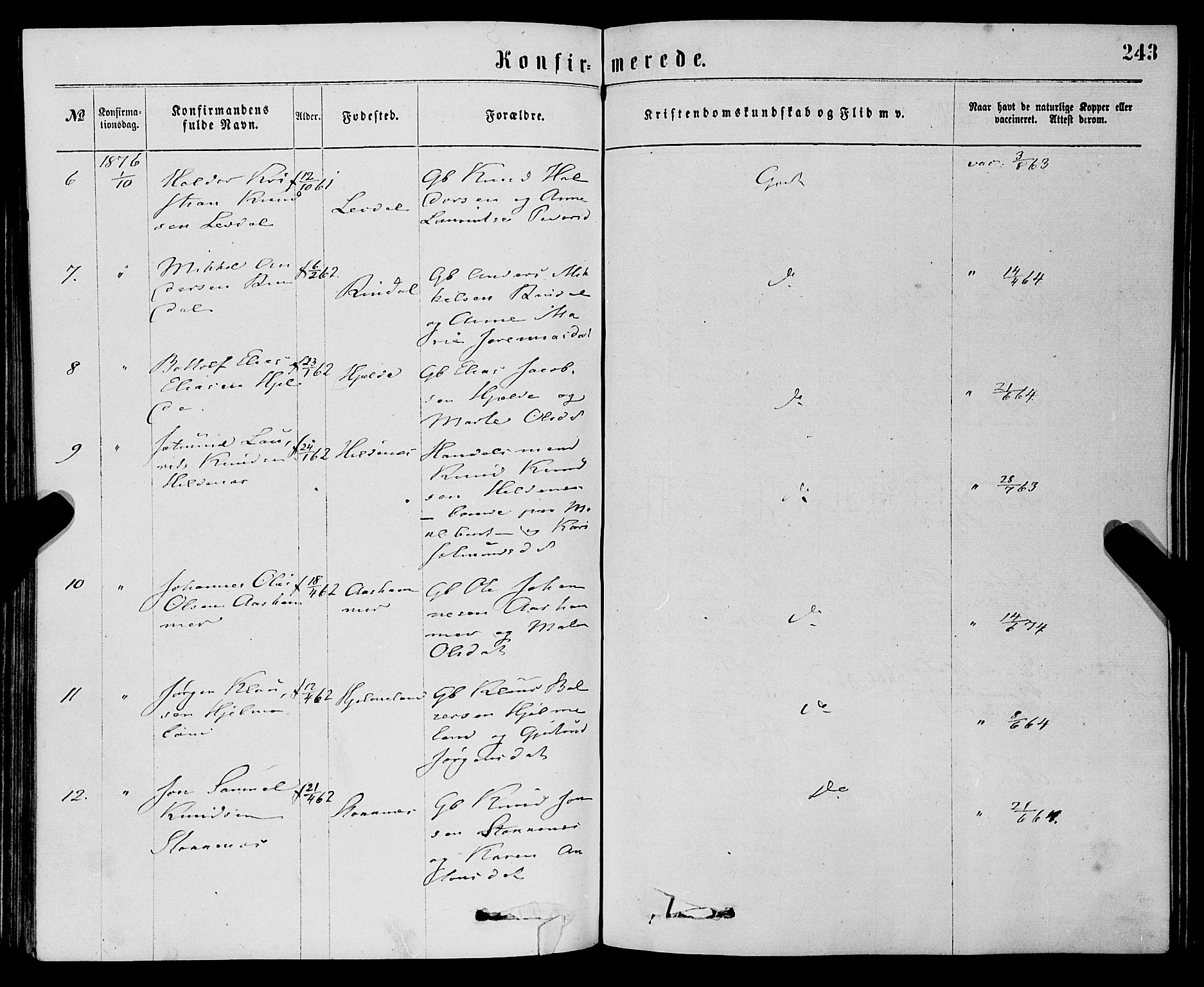 Eid sokneprestembete, AV/SAB-A-82301/H/Haa/Haaa/L0010: Parish register (official) no. A 10, 1867-1878, p. 243