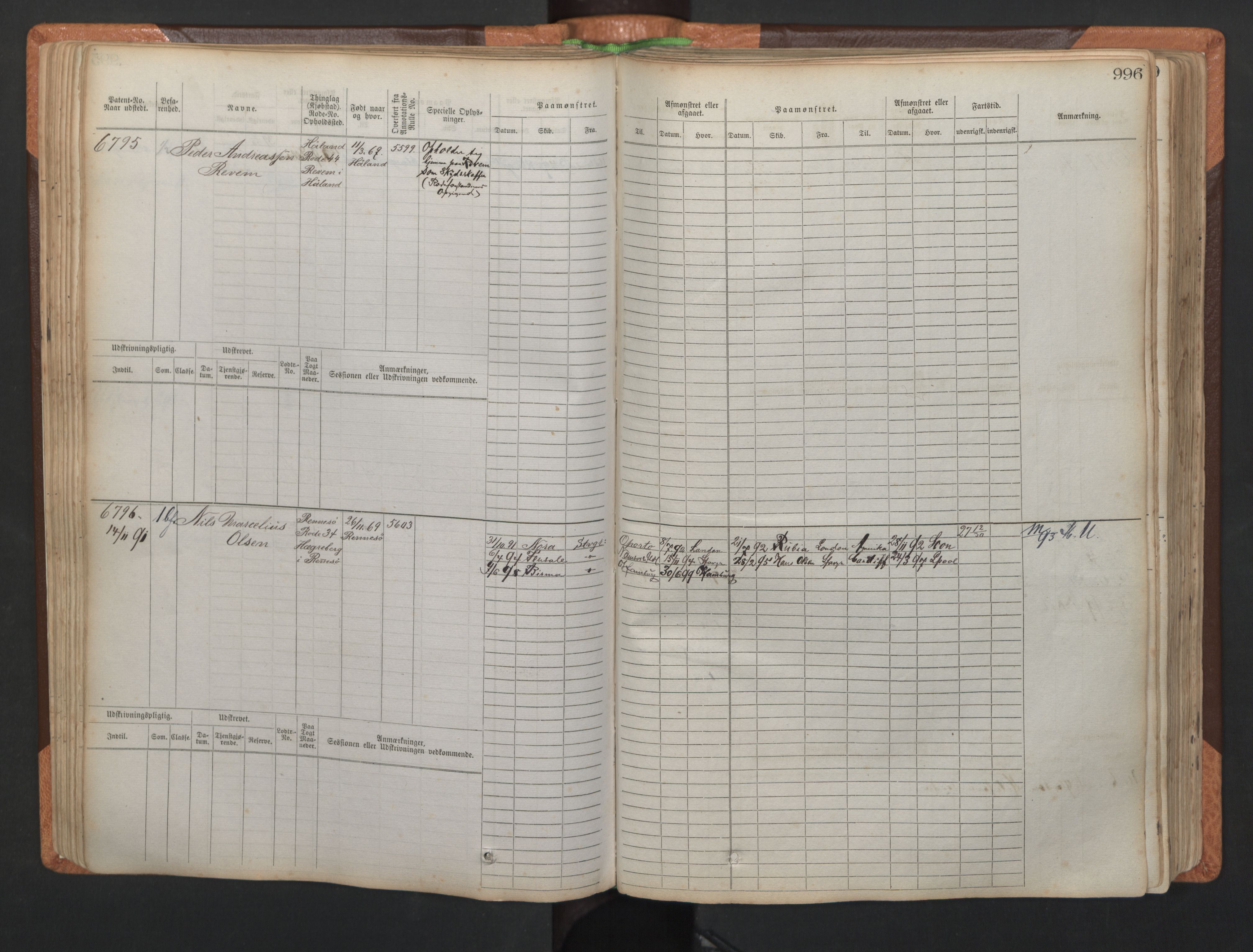 Stavanger sjømannskontor, AV/SAST-A-102006/F/Fb/Fbb/L0011: Sjøfartshovedrulle, patentnr. 6607-7206 (del 2), 1887-1896, p. 99