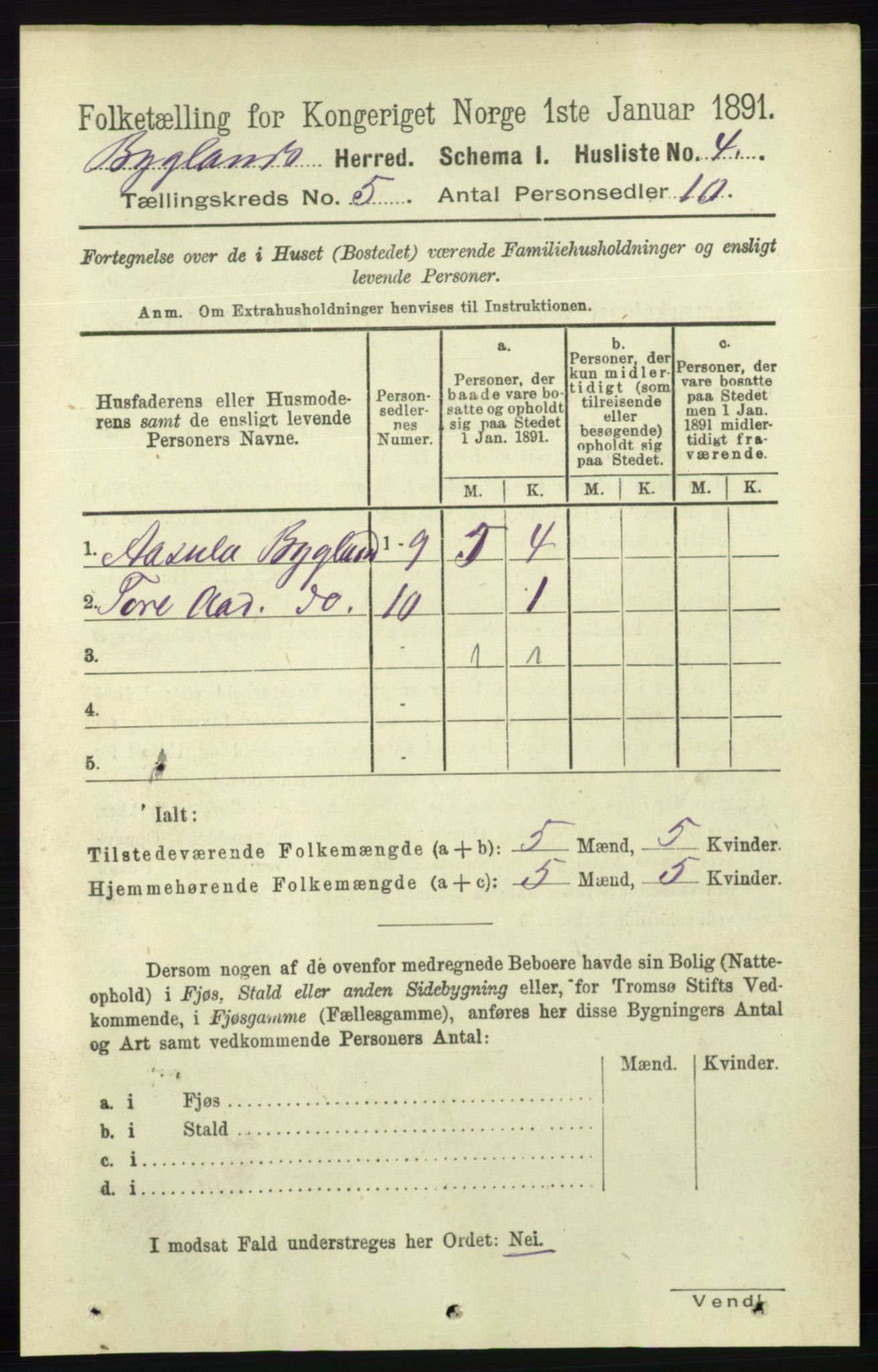 RA, 1891 census for 0938 Bygland, 1891, p. 1001