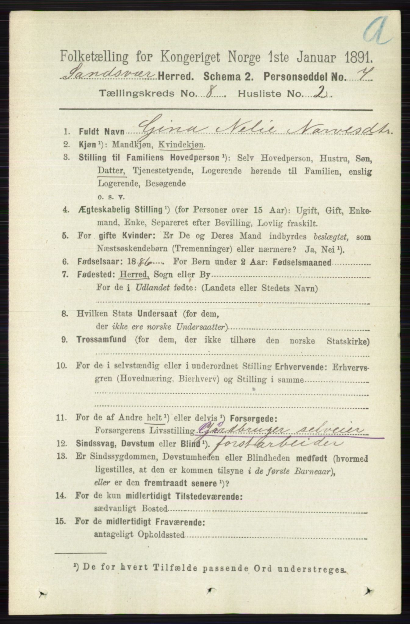 RA, 1891 census for 0629 Sandsvær, 1891, p. 4297