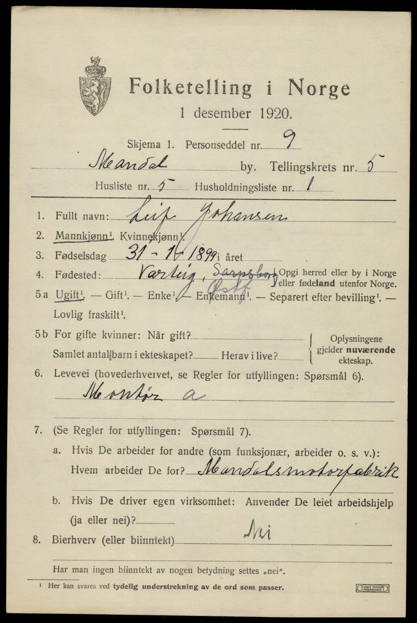 SAK, 1920 census for Mandal, 1920, p. 8251