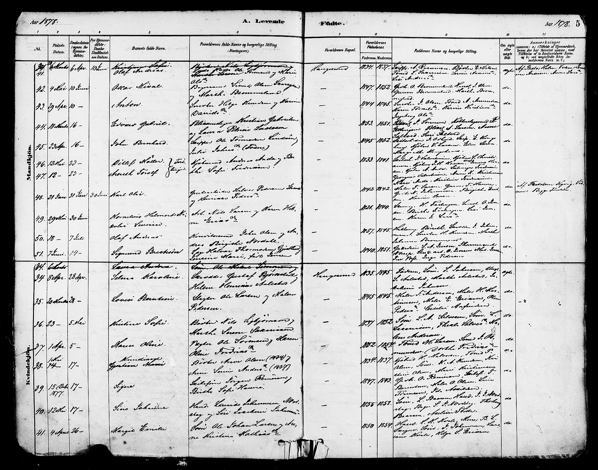 Haugesund sokneprestkontor, SAST/A -101863/H/Ha/Haa/L0001: Parish register (official) no. A 1, 1878-1885, p. 5