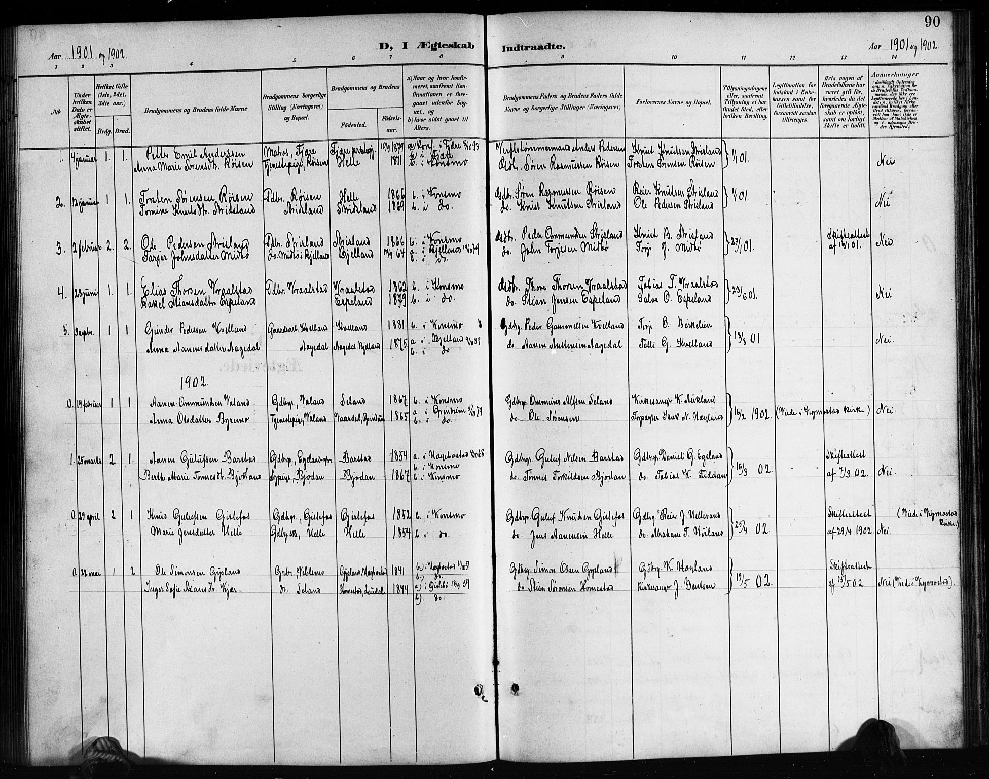 Nord-Audnedal sokneprestkontor, SAK/1111-0032/F/Fb/Fba/L0004: Parish register (copy) no. B 4, 1901-1917, p. 90