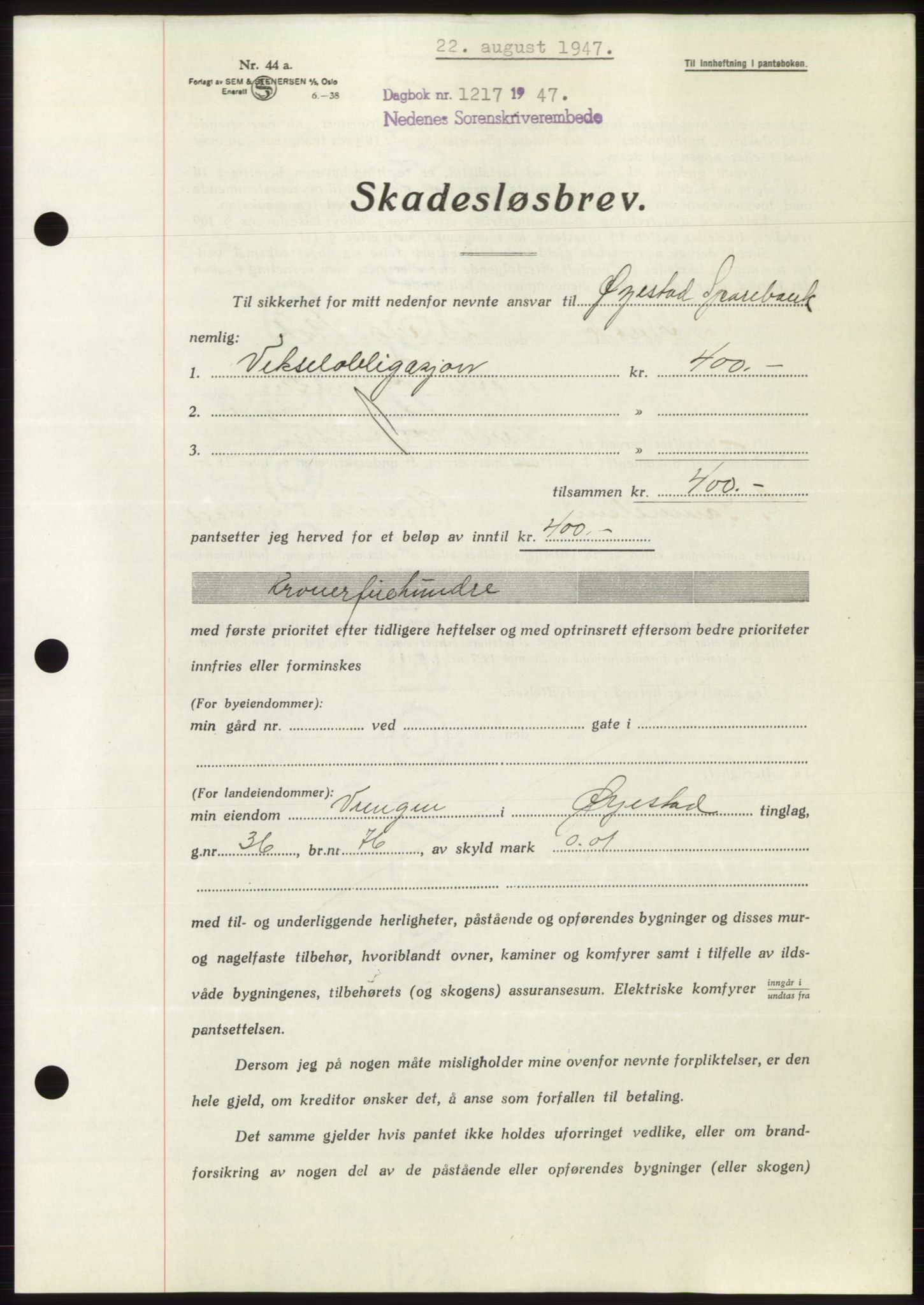 Nedenes sorenskriveri, AV/SAK-1221-0006/G/Gb/Gbb/L0004: Mortgage book no. B4, 1947-1947, Diary no: : 1217/1947