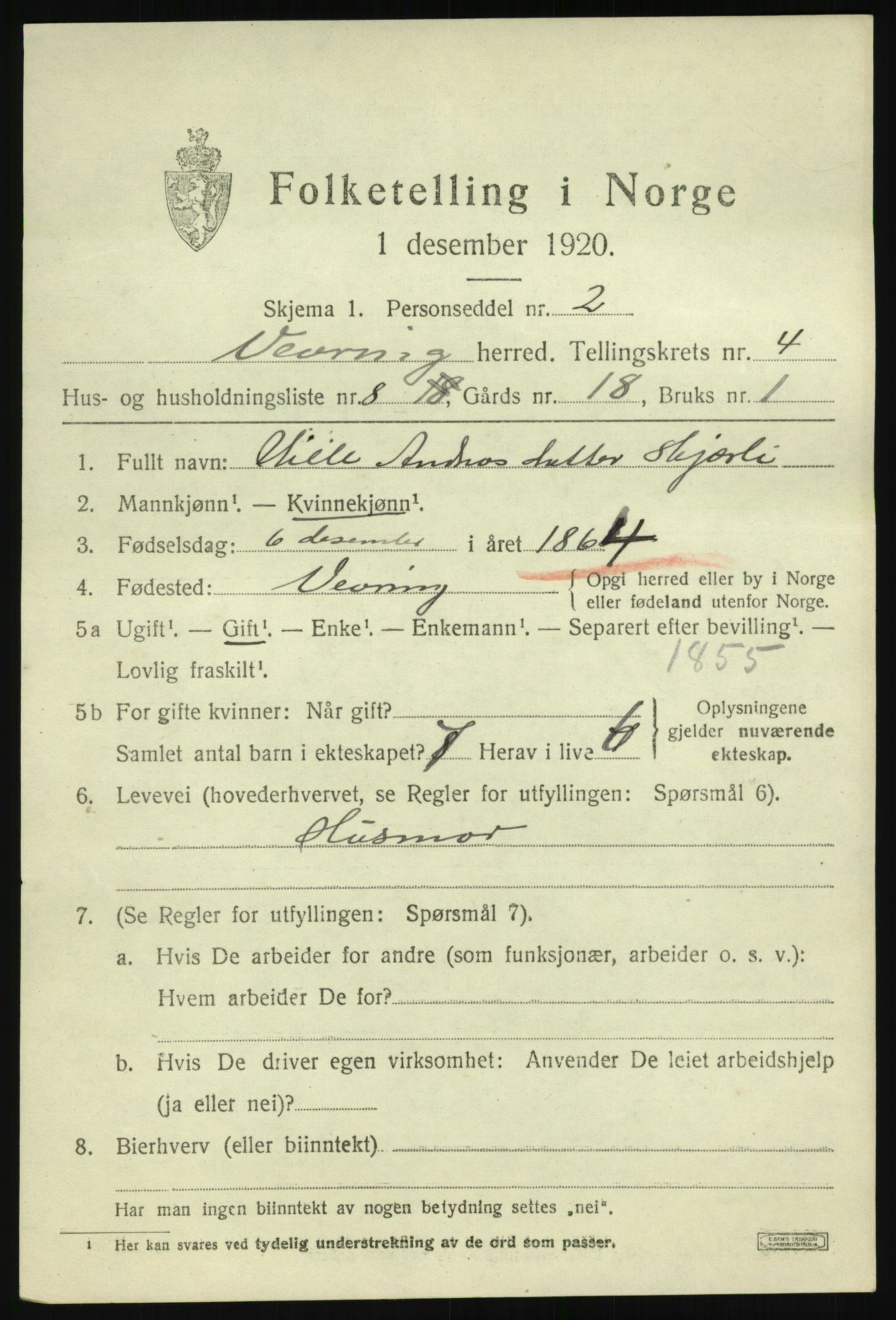 SAB, 1920 census for Vevring, 1920, p. 1404