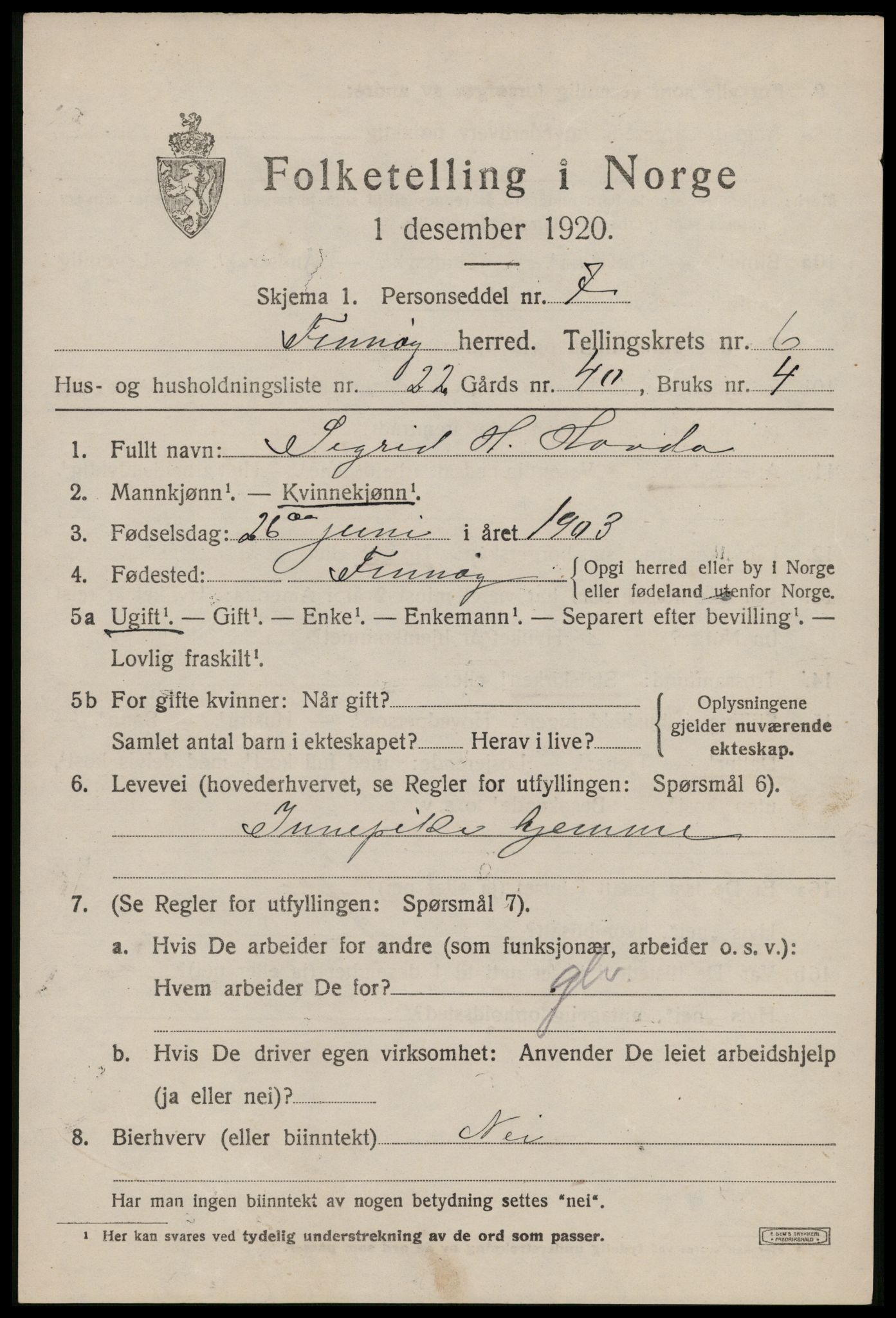 SAST, 1920 census for Finnøy, 1920, p. 3524