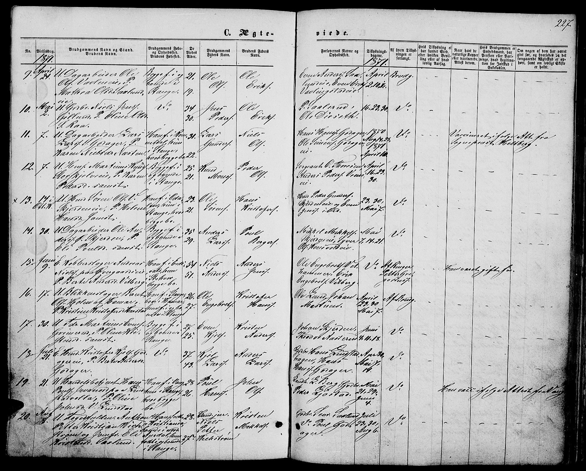 Stange prestekontor, AV/SAH-PREST-002/L/L0006: Parish register (copy) no. 6, 1864-1882, p. 227