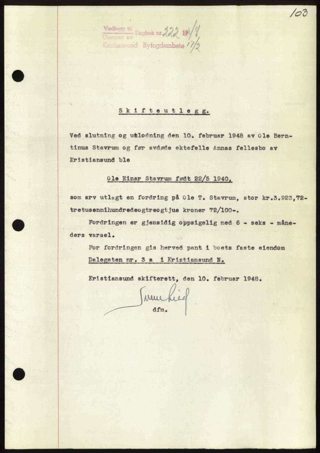 Kristiansund byfogd, AV/SAT-A-4587/A/27: Mortgage book no. 44, 1947-1948, Diary no: : 222/1948