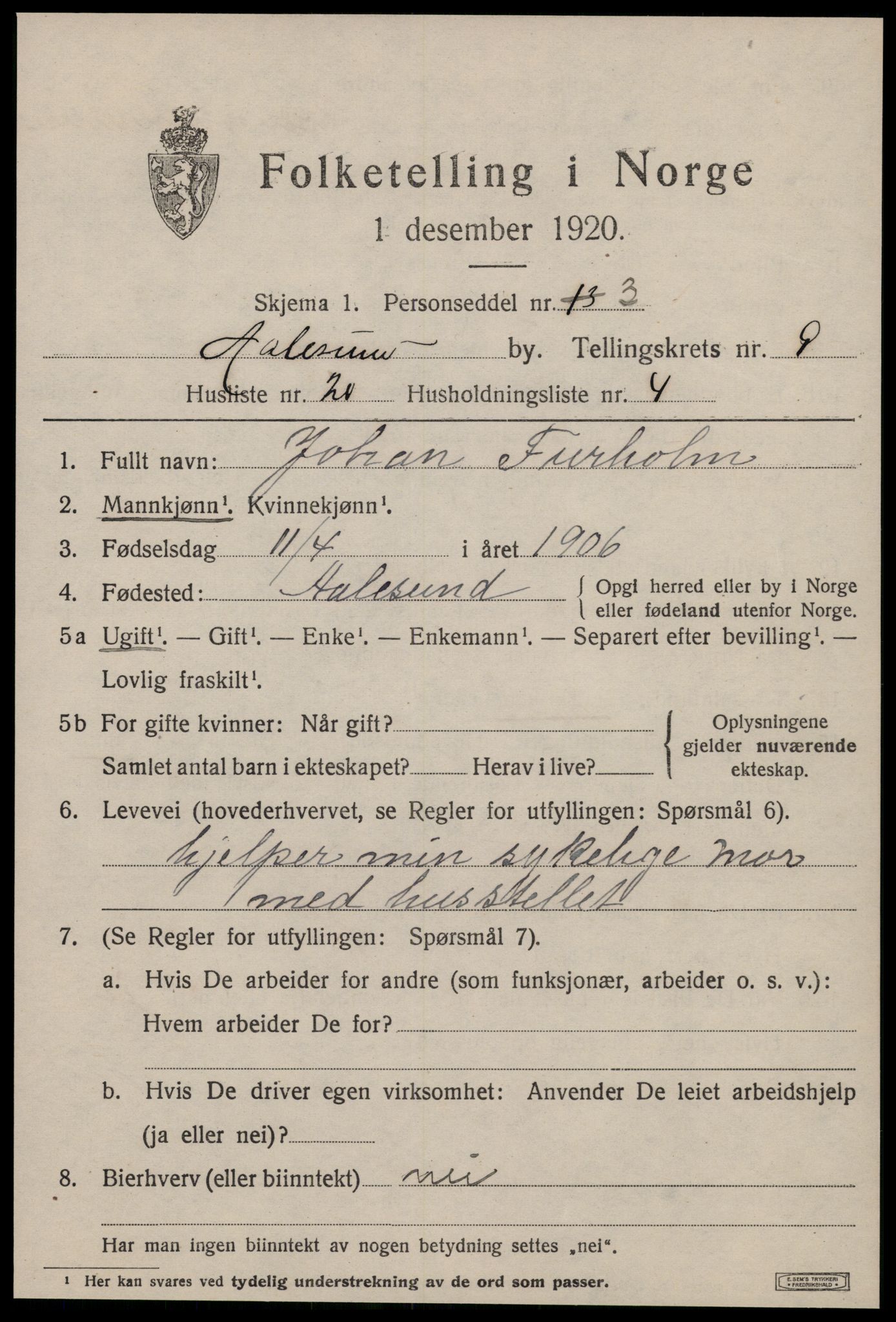 SAT, 1920 census for Ålesund, 1920, p. 23290