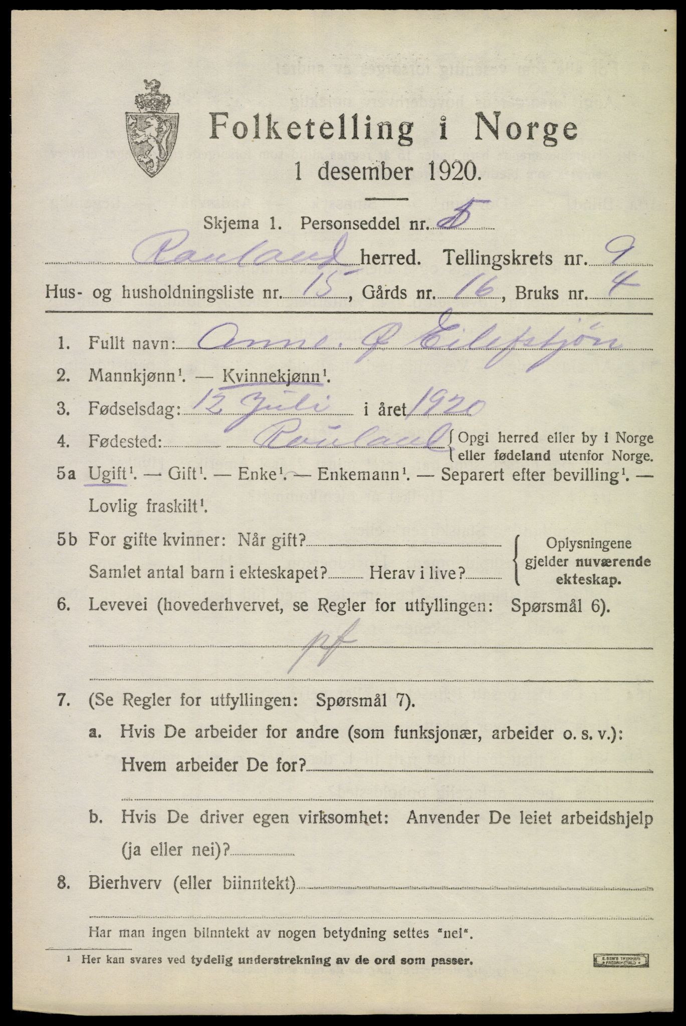 SAKO, 1920 census for Rauland, 1920, p. 2068