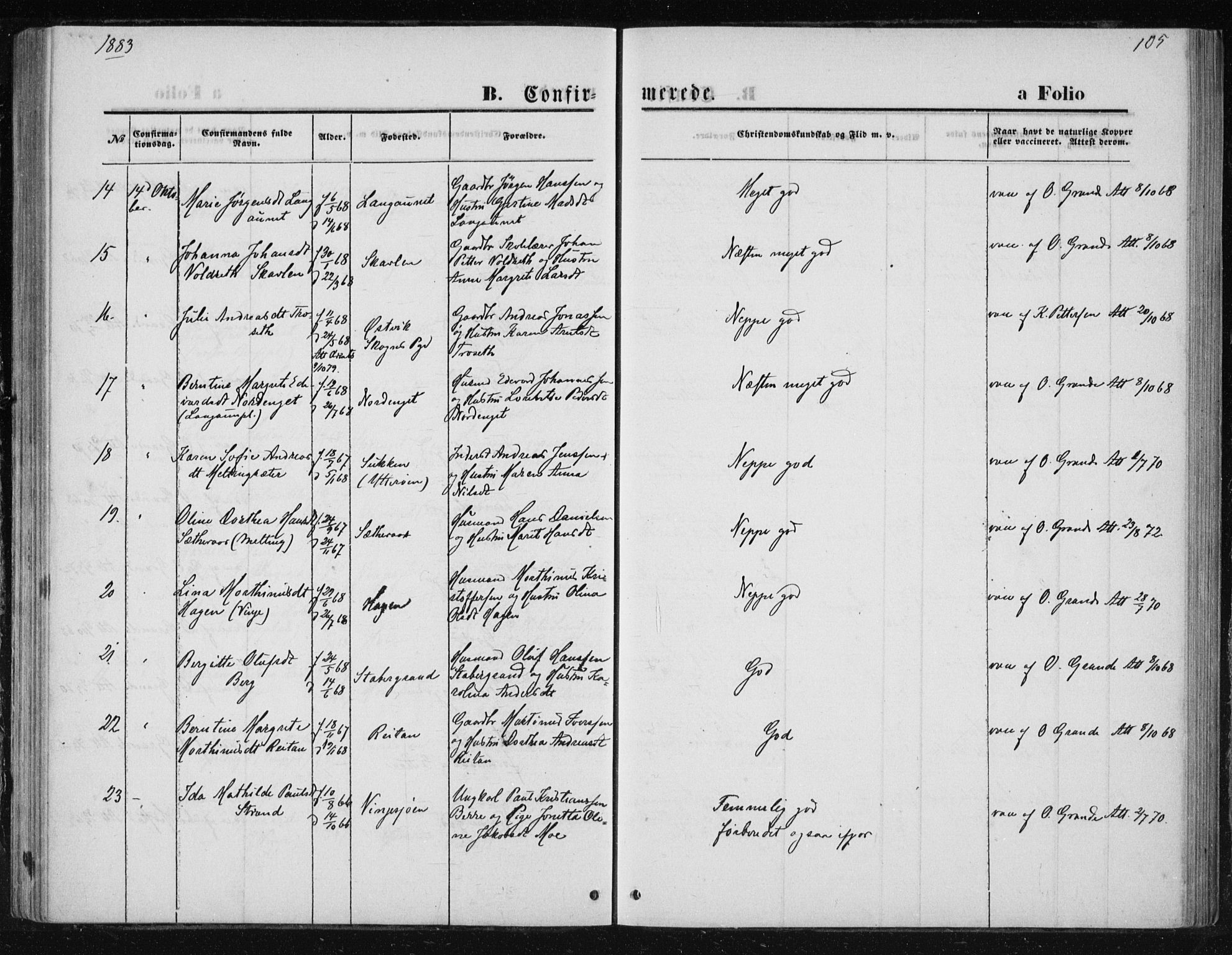 Ministerialprotokoller, klokkerbøker og fødselsregistre - Nord-Trøndelag, AV/SAT-A-1458/733/L0324: Parish register (official) no. 733A03, 1870-1883, p. 105