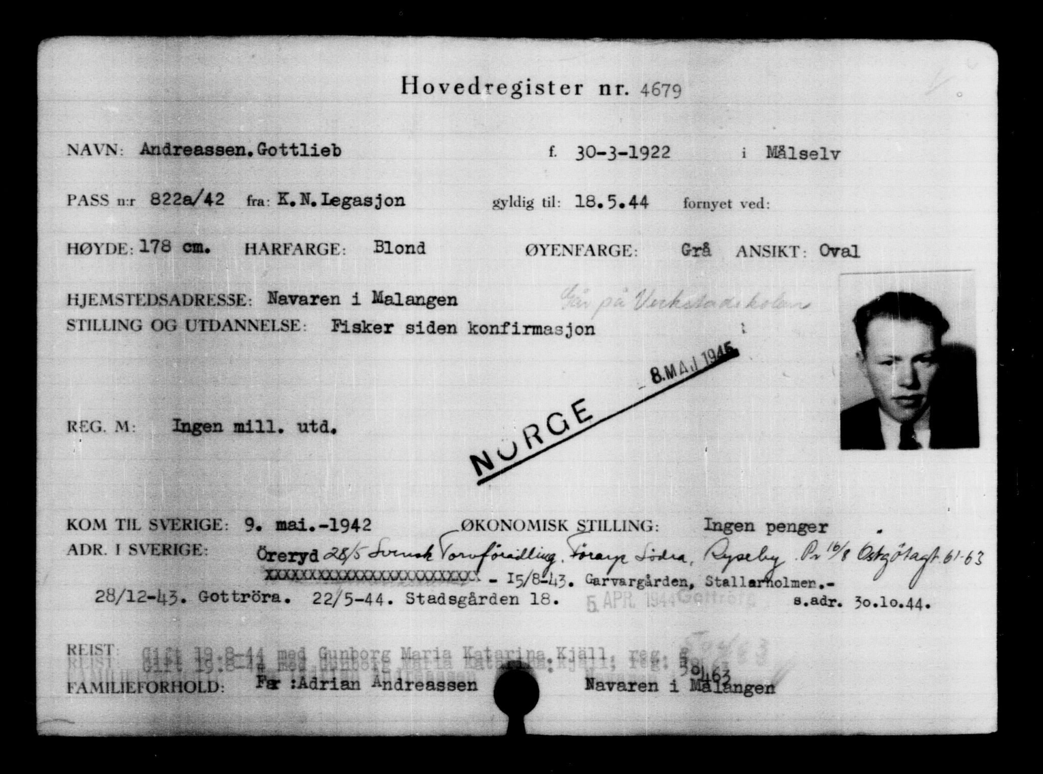 Utenriksstasjonene, Legasjonen i Stockholm, Flyktningkontoret, AV/RA-S-6753/V/Va/L0004: Kjesäterkartoteket, flyktninger med registreringsnr. 3496-6610, 1940-1945, p. 1397