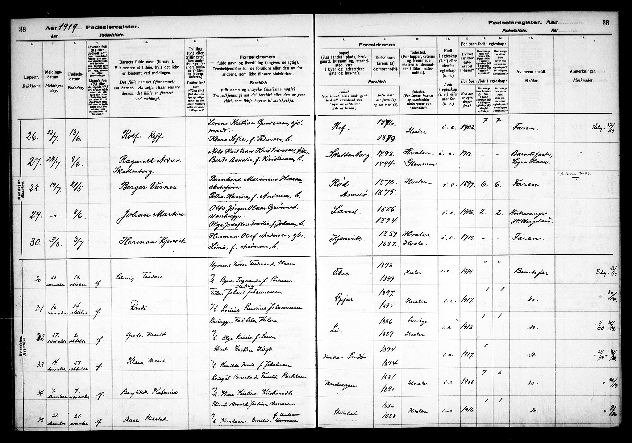 Hvaler prestekontor Kirkebøker, AV/SAO-A-2001/J/Ja/L0001: Birth register no. I 1, 1916-1938, p. 38