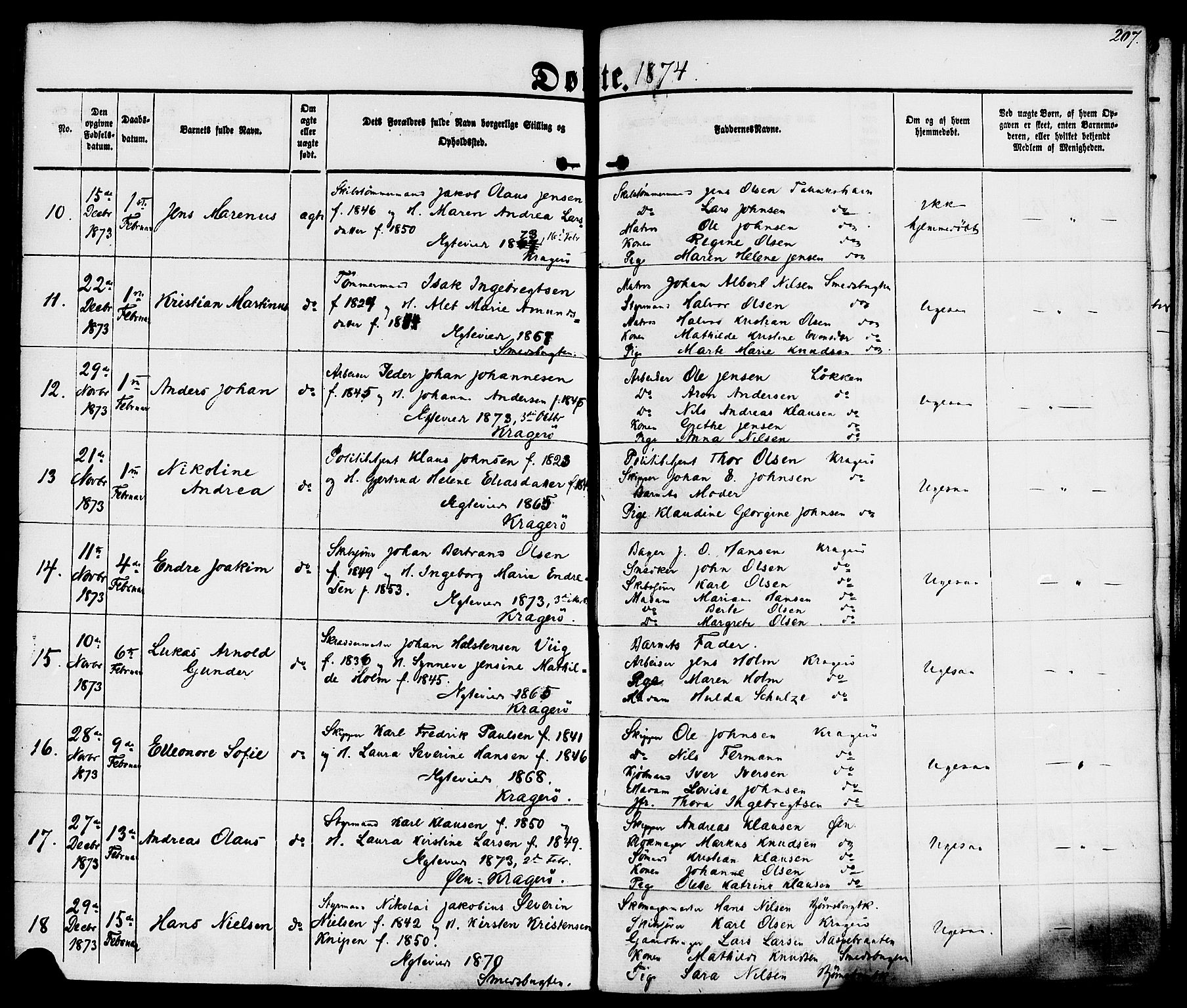 Kragerø kirkebøker, AV/SAKO-A-278/F/Fa/L0007: Parish register (official) no. 7, 1861-1875, p. 207