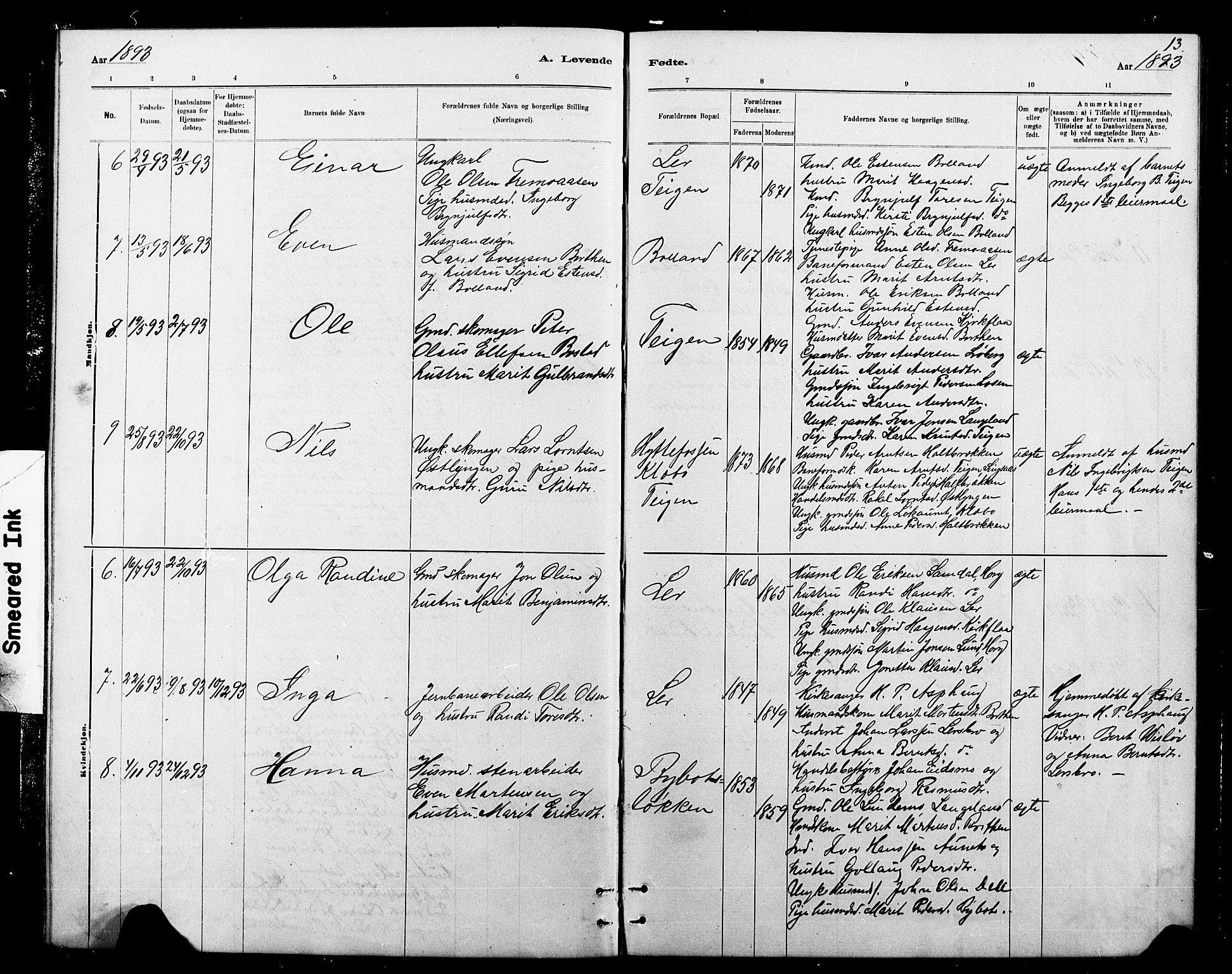 Ministerialprotokoller, klokkerbøker og fødselsregistre - Sør-Trøndelag, SAT/A-1456/693/L1123: Parish register (copy) no. 693C04, 1887-1910, p. 13