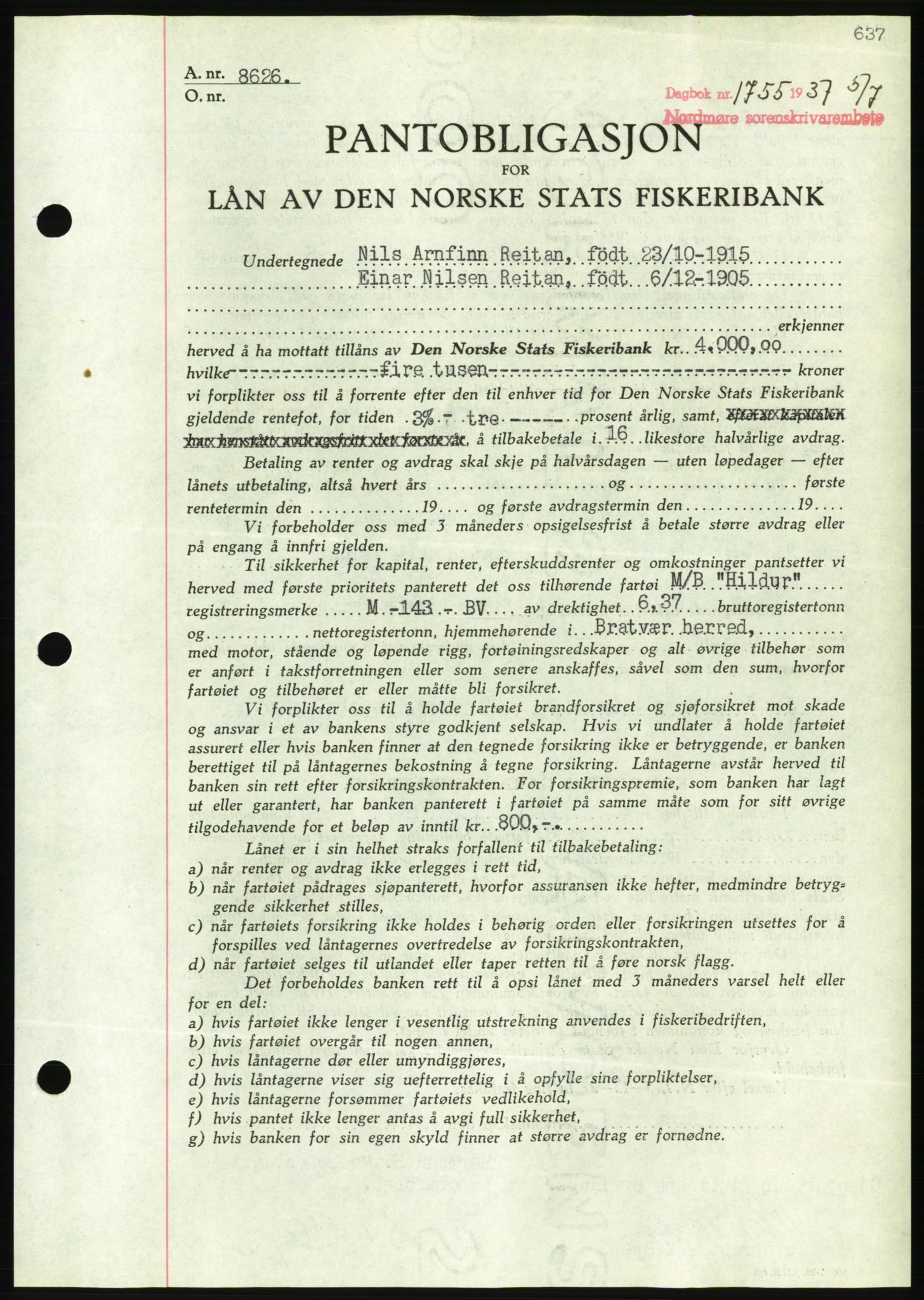 Nordmøre sorenskriveri, AV/SAT-A-4132/1/2/2Ca/L0091: Mortgage book no. B81, 1937-1937, Diary no: : 1755/1937