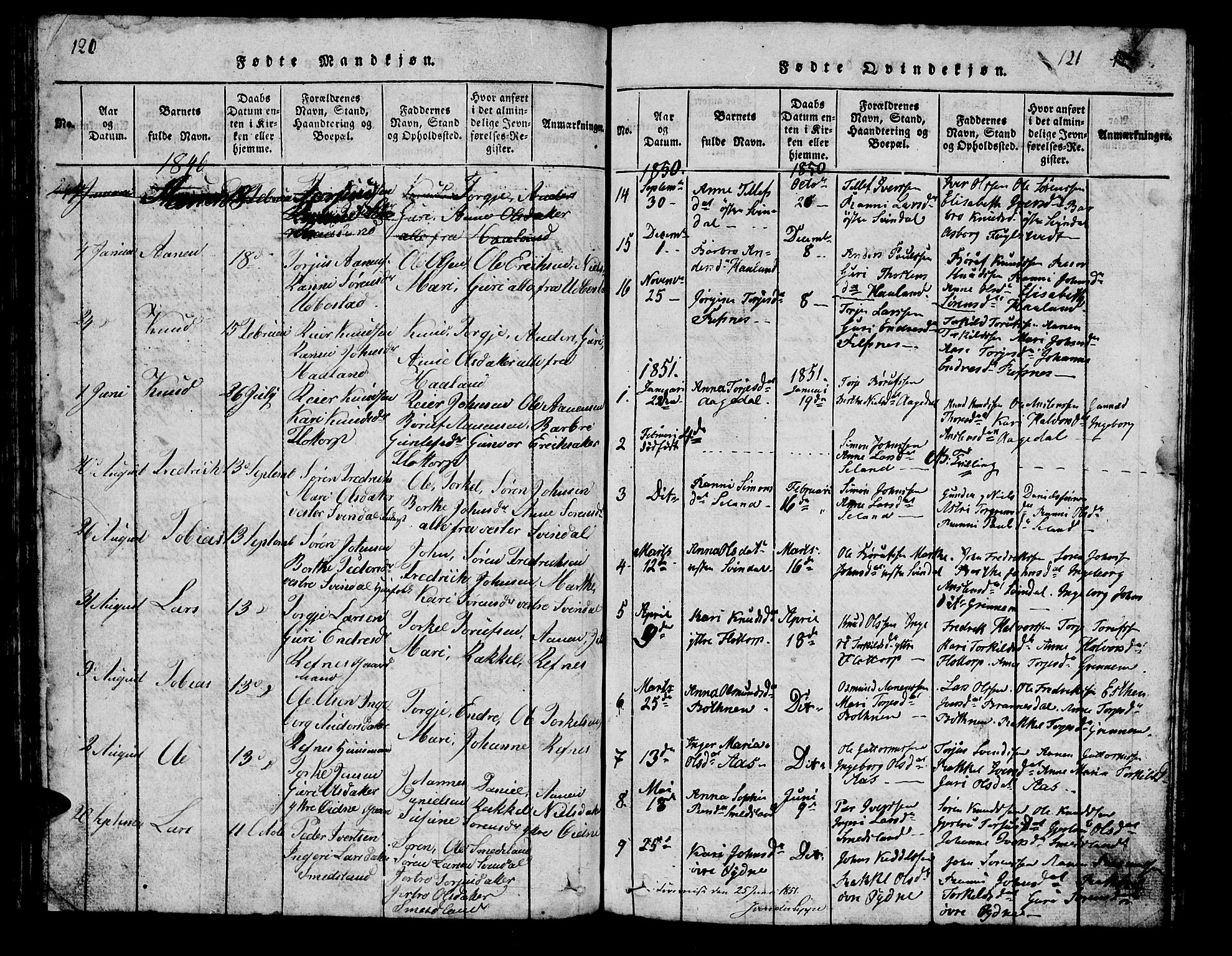 Bjelland sokneprestkontor, AV/SAK-1111-0005/F/Fb/Fbc/L0001: Parish register (copy) no. B 1, 1815-1870, p. 120-121