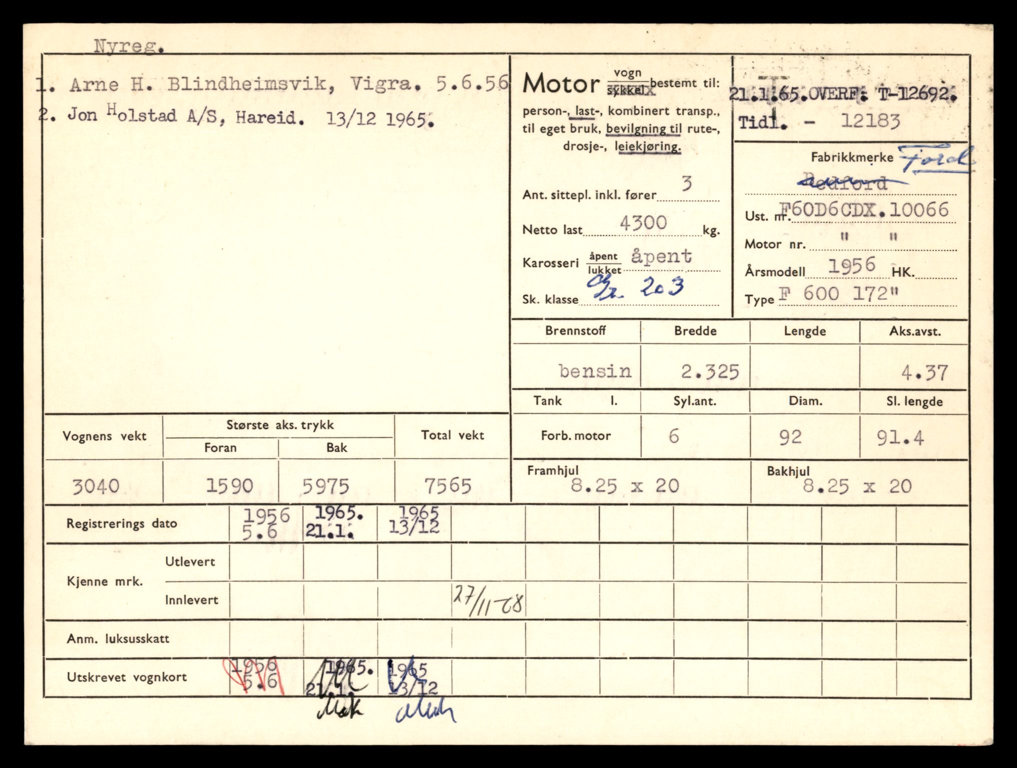 Møre og Romsdal vegkontor - Ålesund trafikkstasjon, AV/SAT-A-4099/F/Fe/L0035: Registreringskort for kjøretøy T 12653 - T 12829, 1927-1998, p. 765