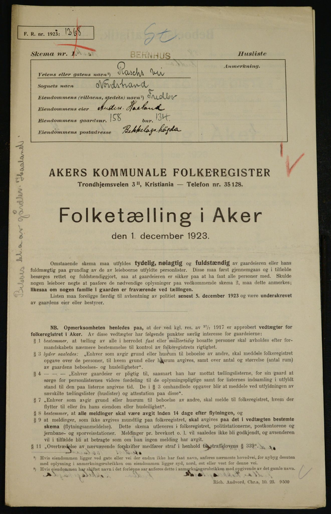 , Municipal Census 1923 for Aker, 1923, p. 43961