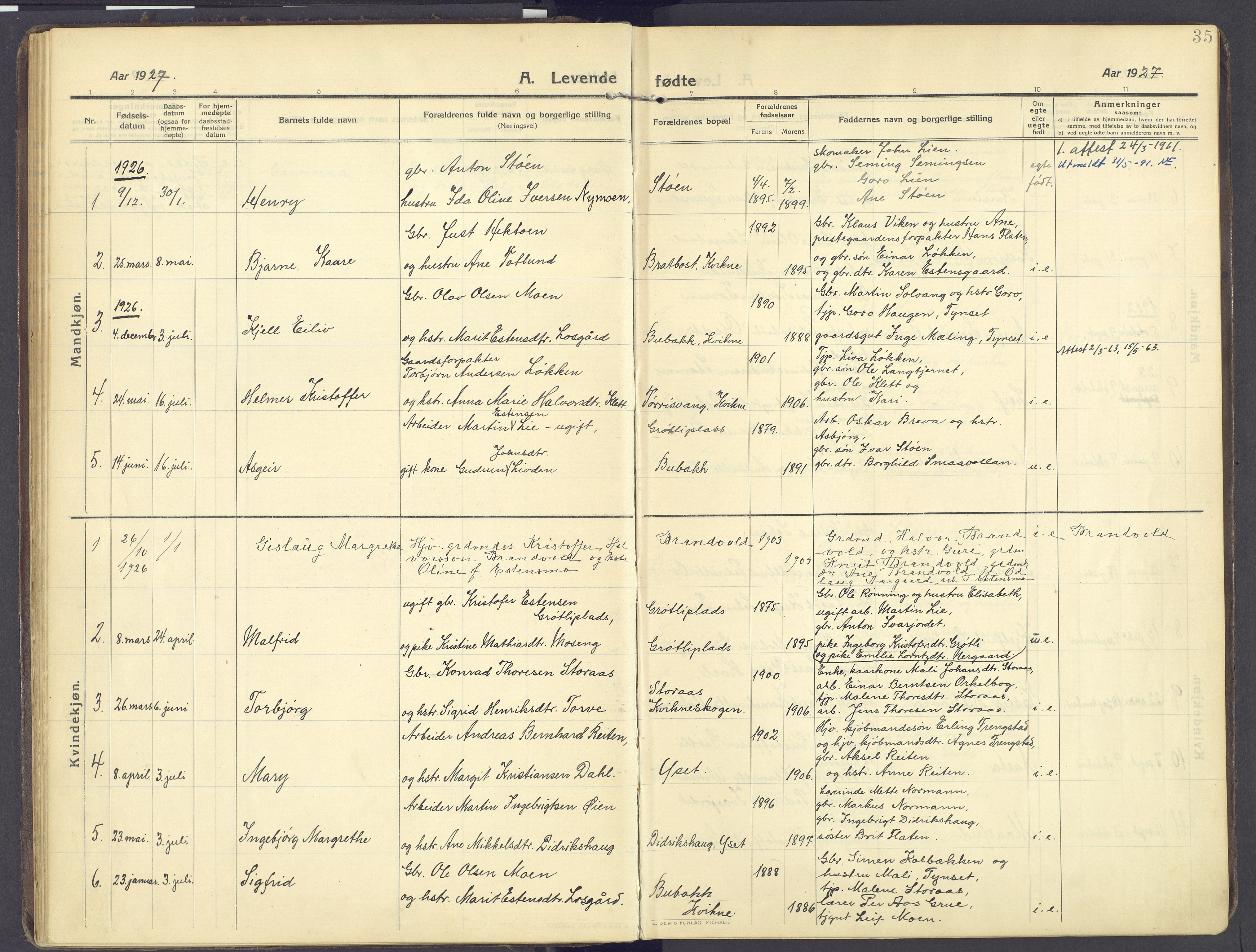 Kvikne prestekontor, SAH/PREST-064/H/Ha/Haa/L0009: Parish register (official) no. 9, 1911-1942, p. 35