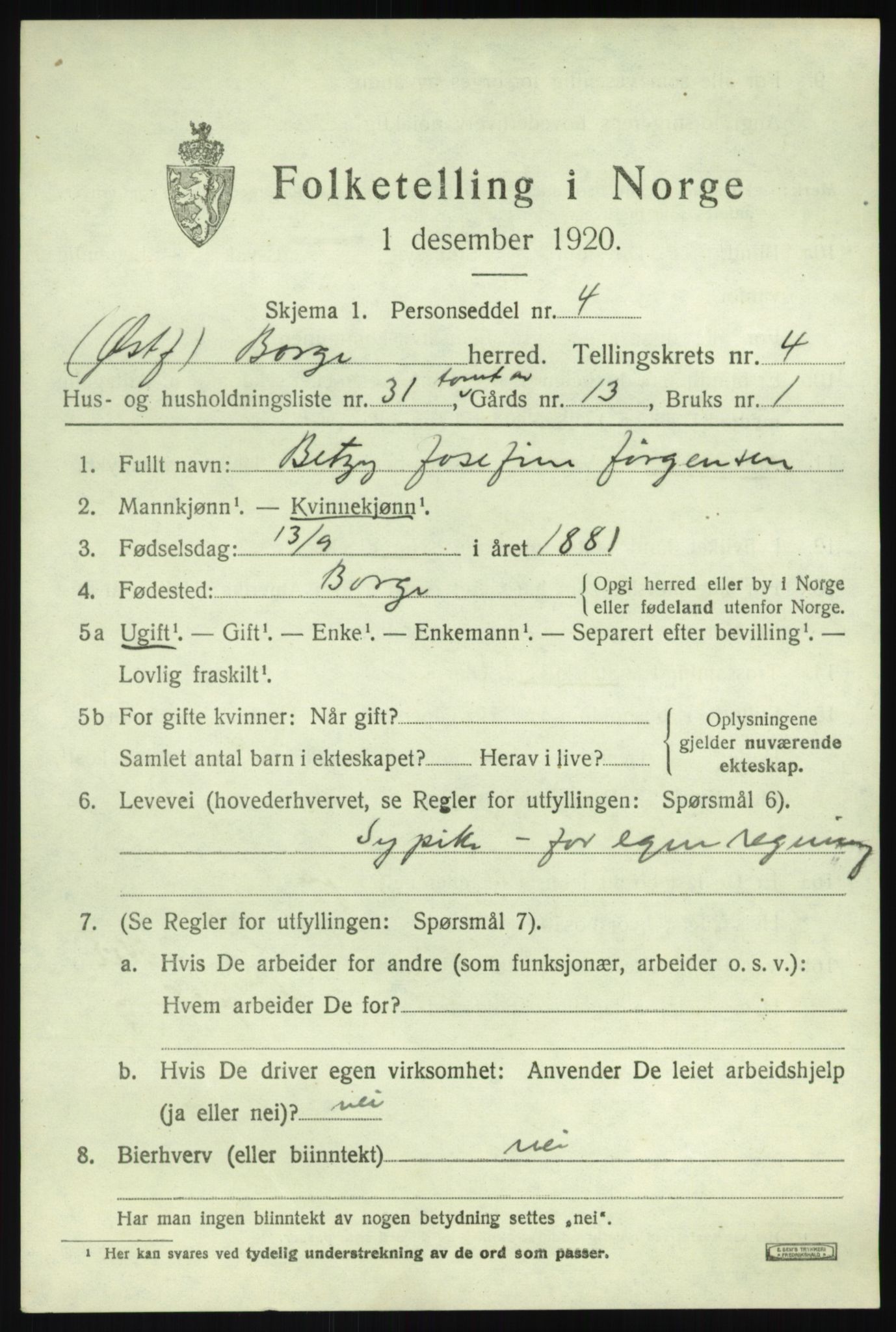 SAO, 1920 census for Borge, 1920, p. 8149