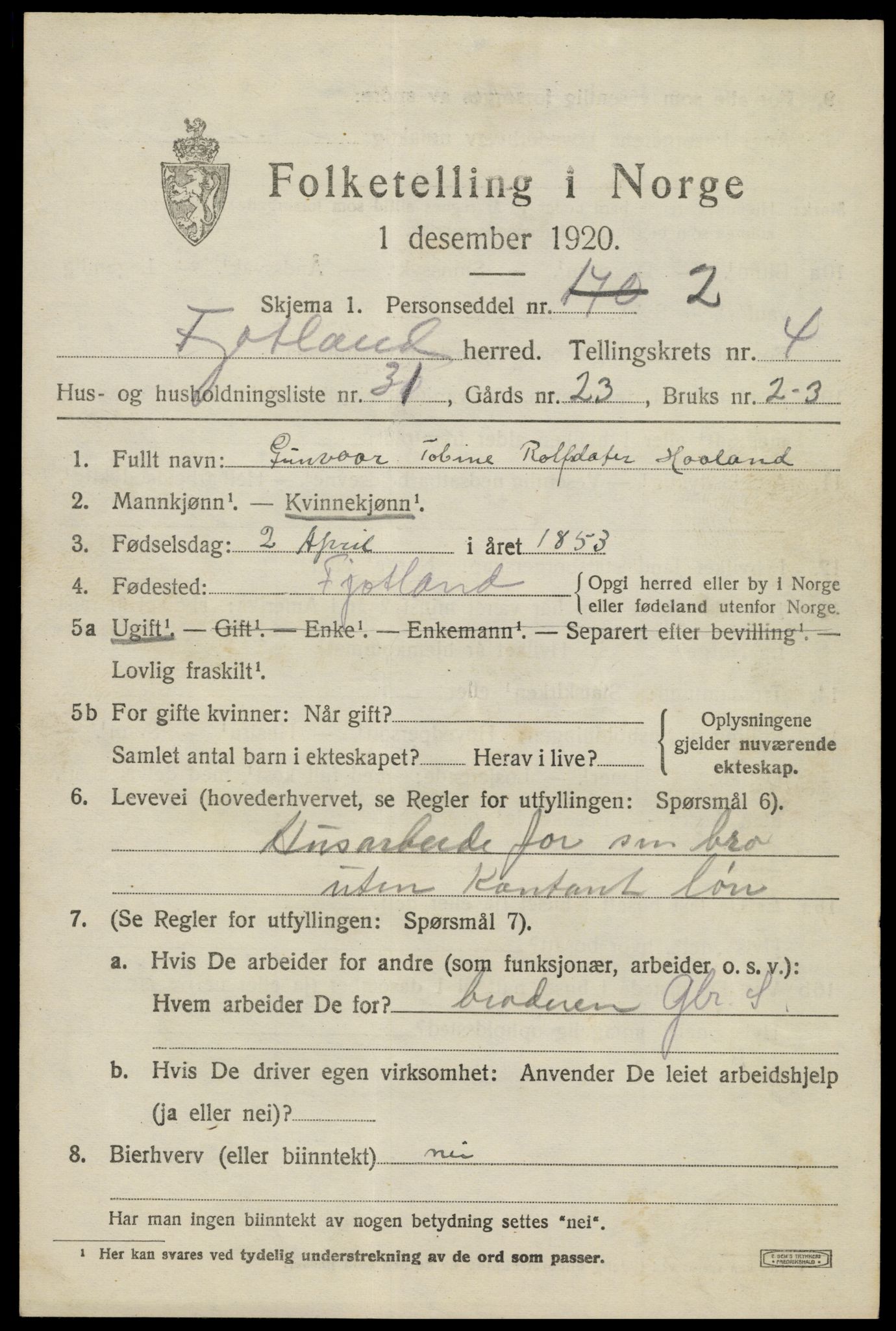 SAK, 1920 census for Fjotland, 1920, p. 1526