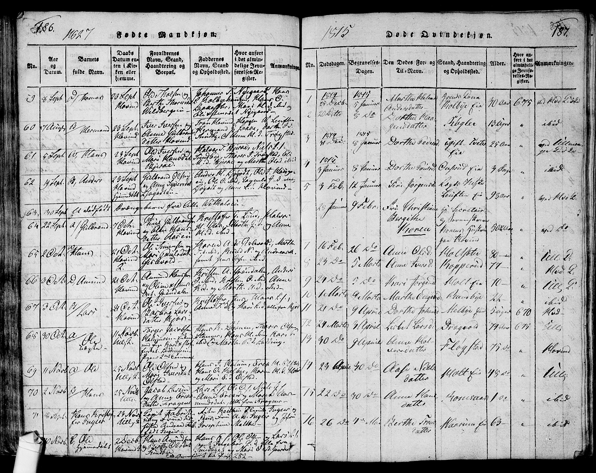 Ullensaker prestekontor Kirkebøker, SAO/A-10236a/G/Ga/L0001: Parish register (copy) no. I 1, 1815-1835, p. 186