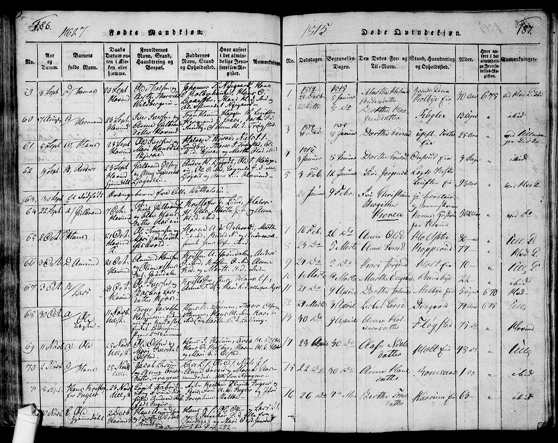 Ullensaker prestekontor Kirkebøker, AV/SAO-A-10236a/G/Ga/L0001: Parish register (copy) no. I 1, 1815-1835, p. 186