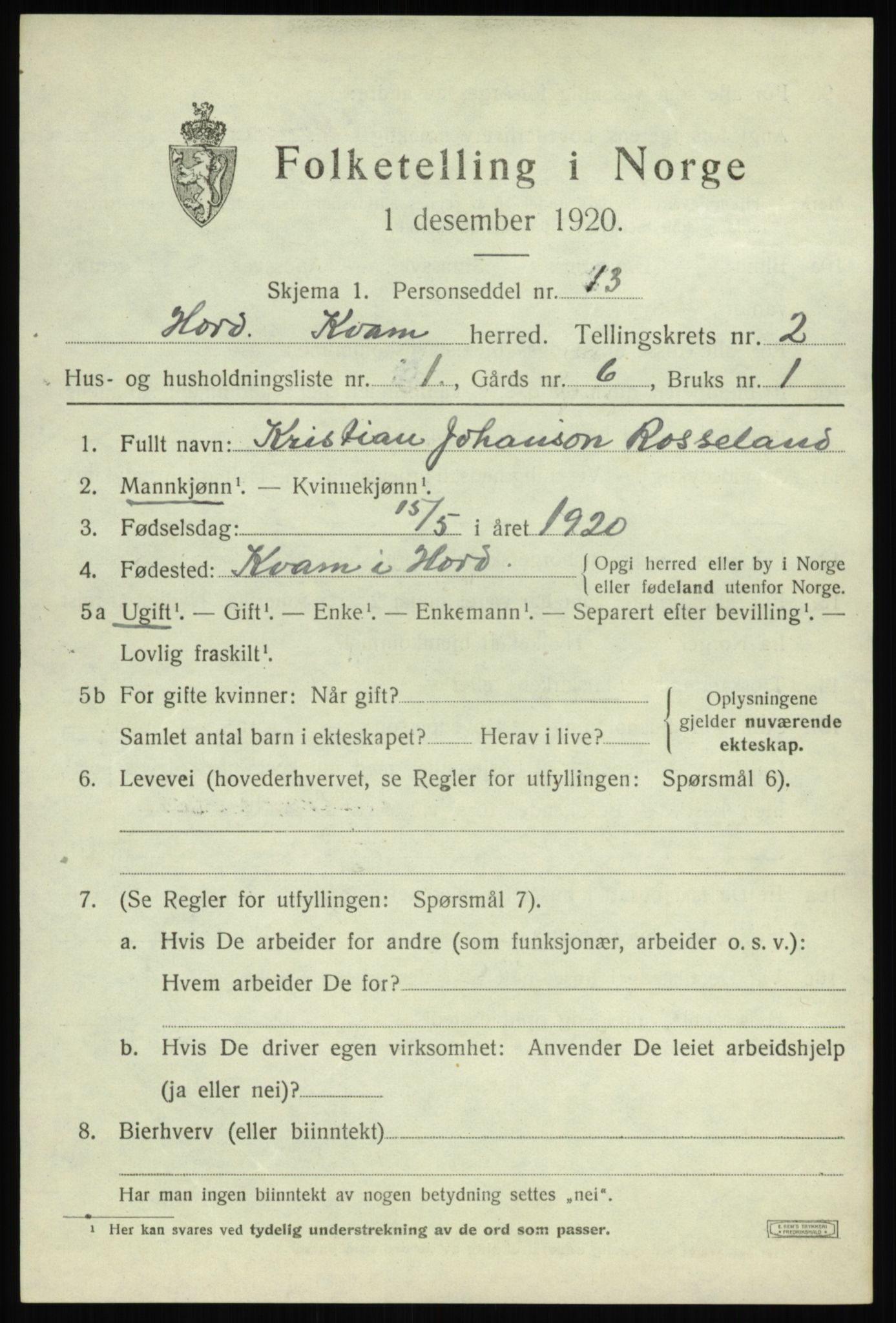 SAB, 1920 census for Kvam, 1920, p. 1811