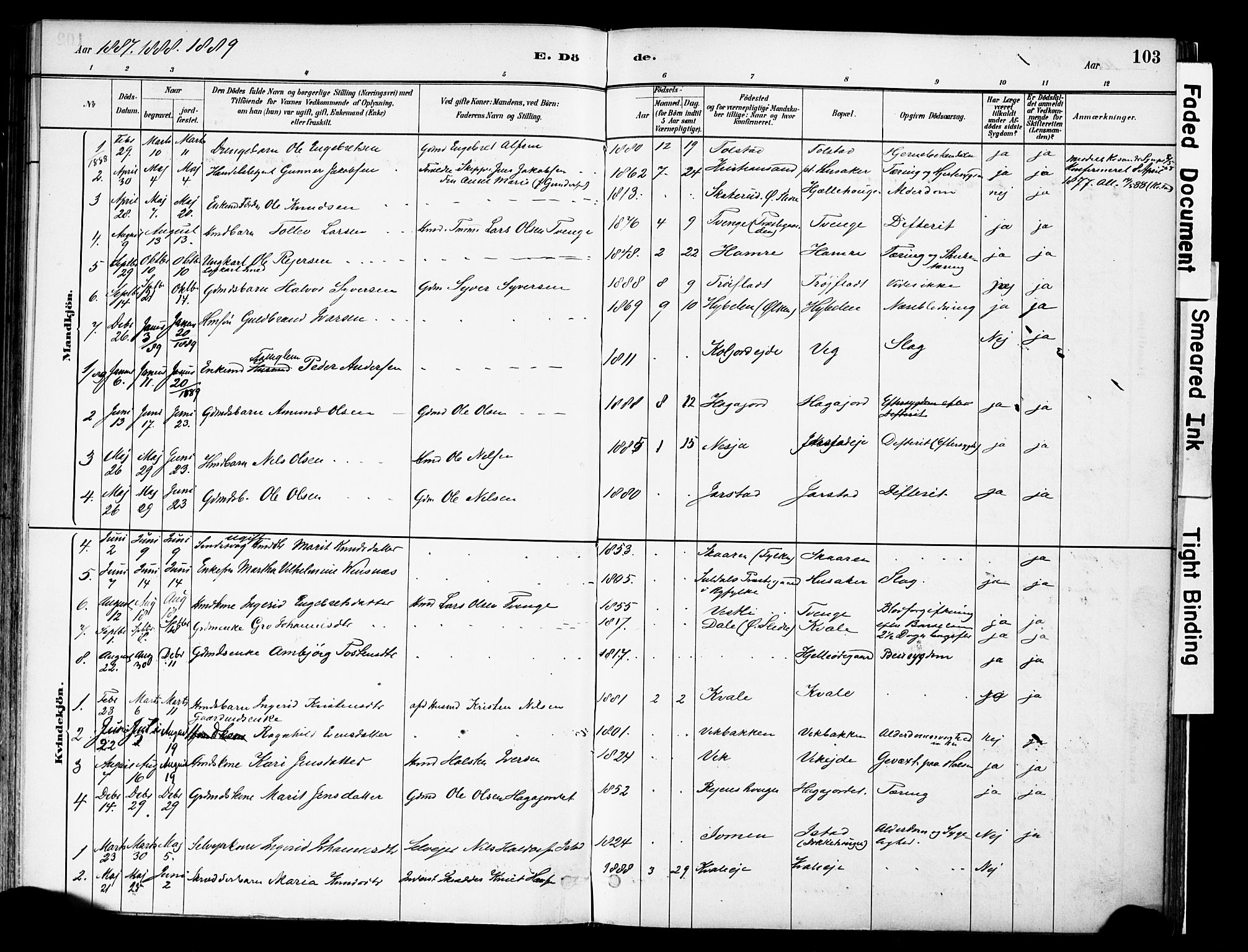 Vestre Slidre prestekontor, SAH/PREST-136/H/Ha/Haa/L0004: Parish register (official) no. 4, 1881-1911, p. 103