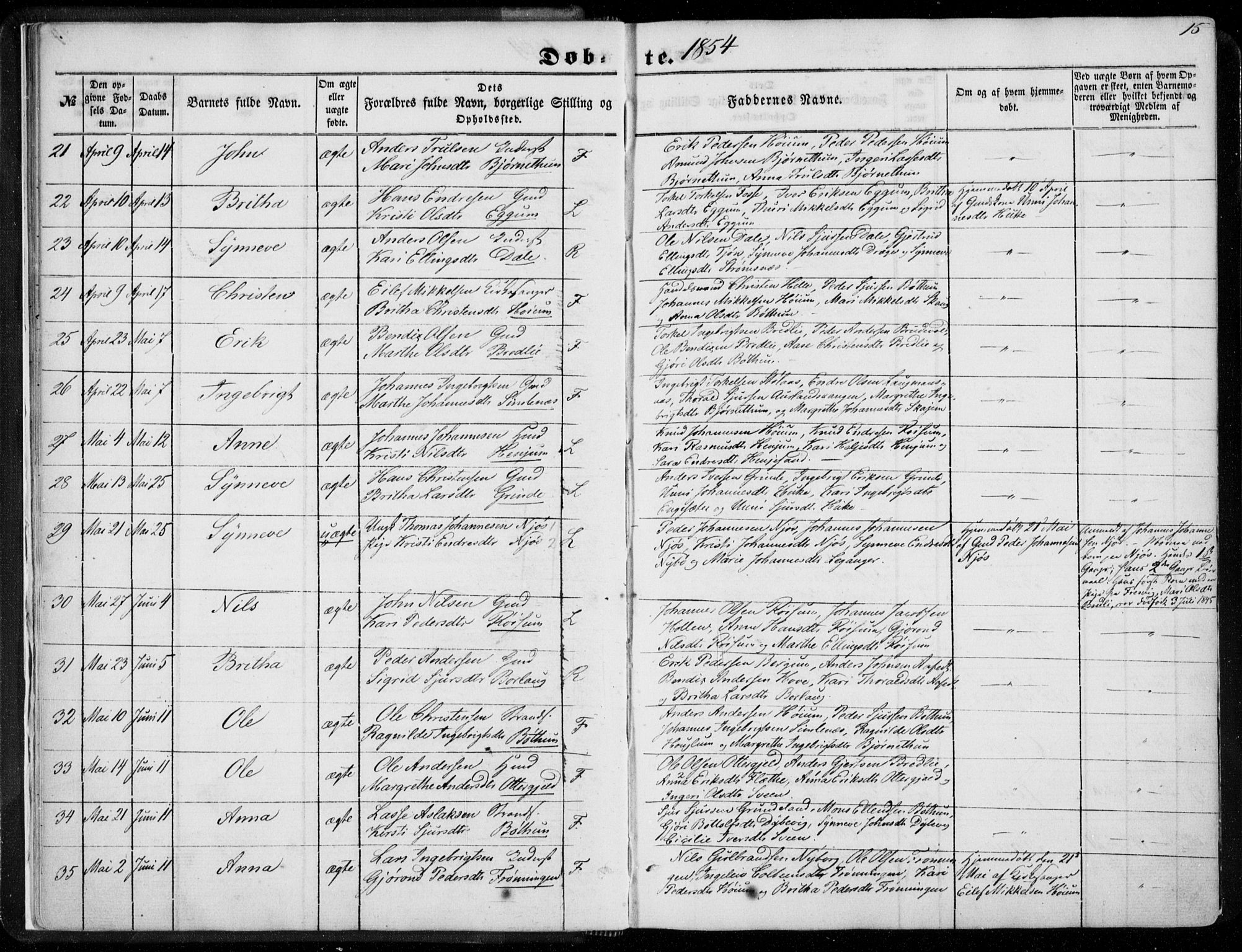 Leikanger sokneprestembete, AV/SAB-A-81001/H/Haa/Haaa/L0008: Parish register (official) no. A 8, 1852-1868, p. 15