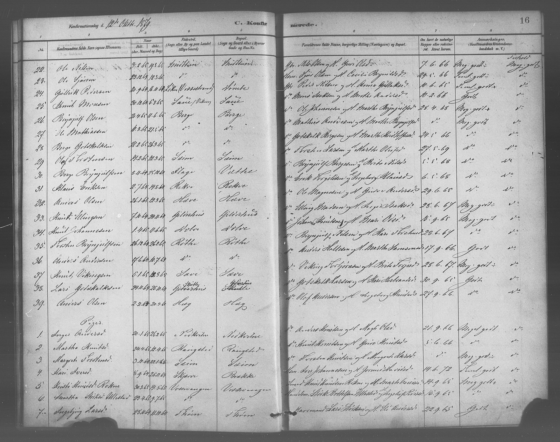 Voss sokneprestembete, SAB/A-79001/H/Haa: Parish register (official) no. B 1, 1877-1899, p. 16