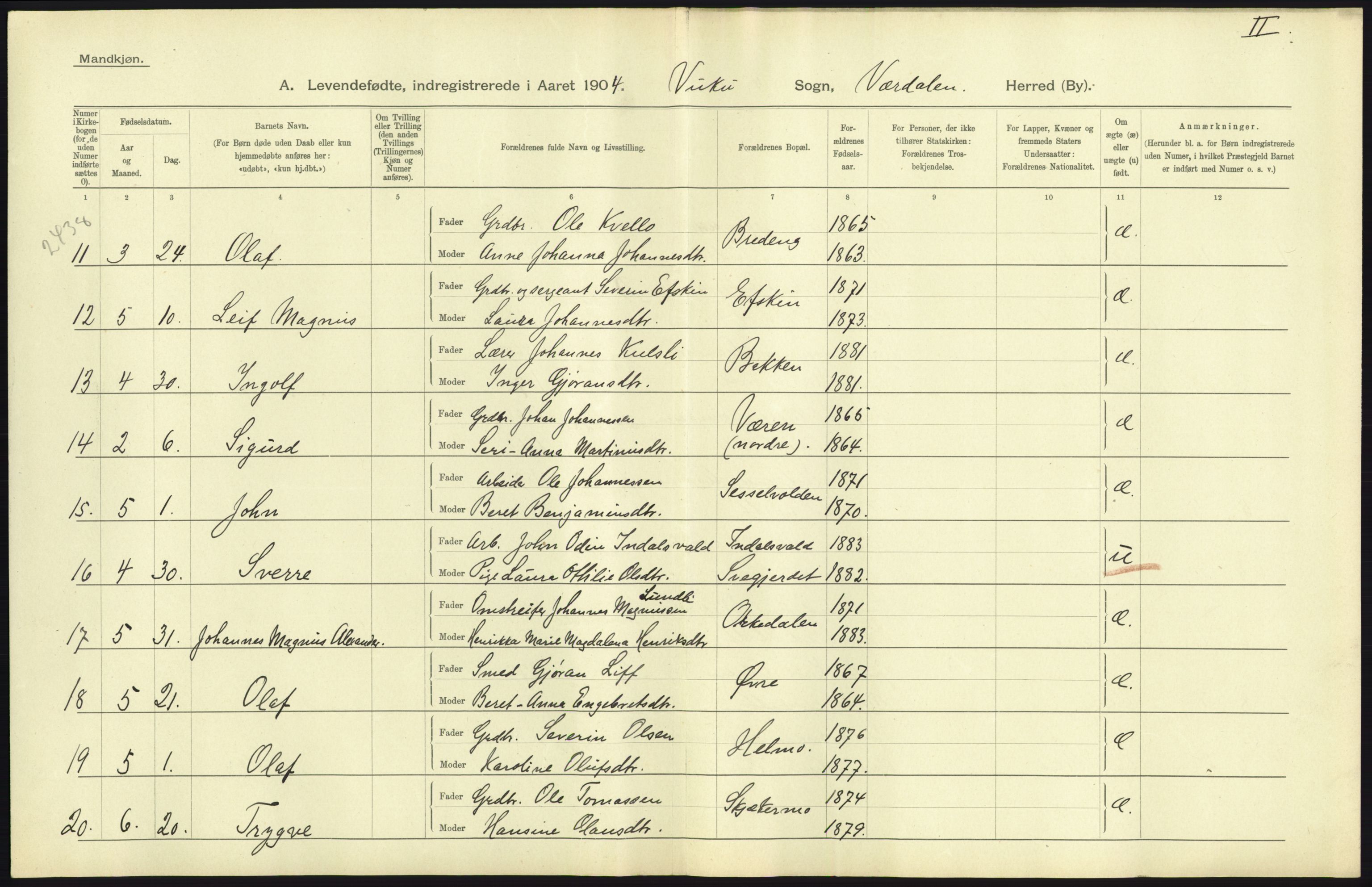 Statistisk sentralbyrå, Sosiodemografiske emner, Befolkning, AV/RA-S-2228/D/Df/Dfa/Dfab/L0019: Nordre Trondhjems amt: Fødte, gifte, døde, 1904, p. 133