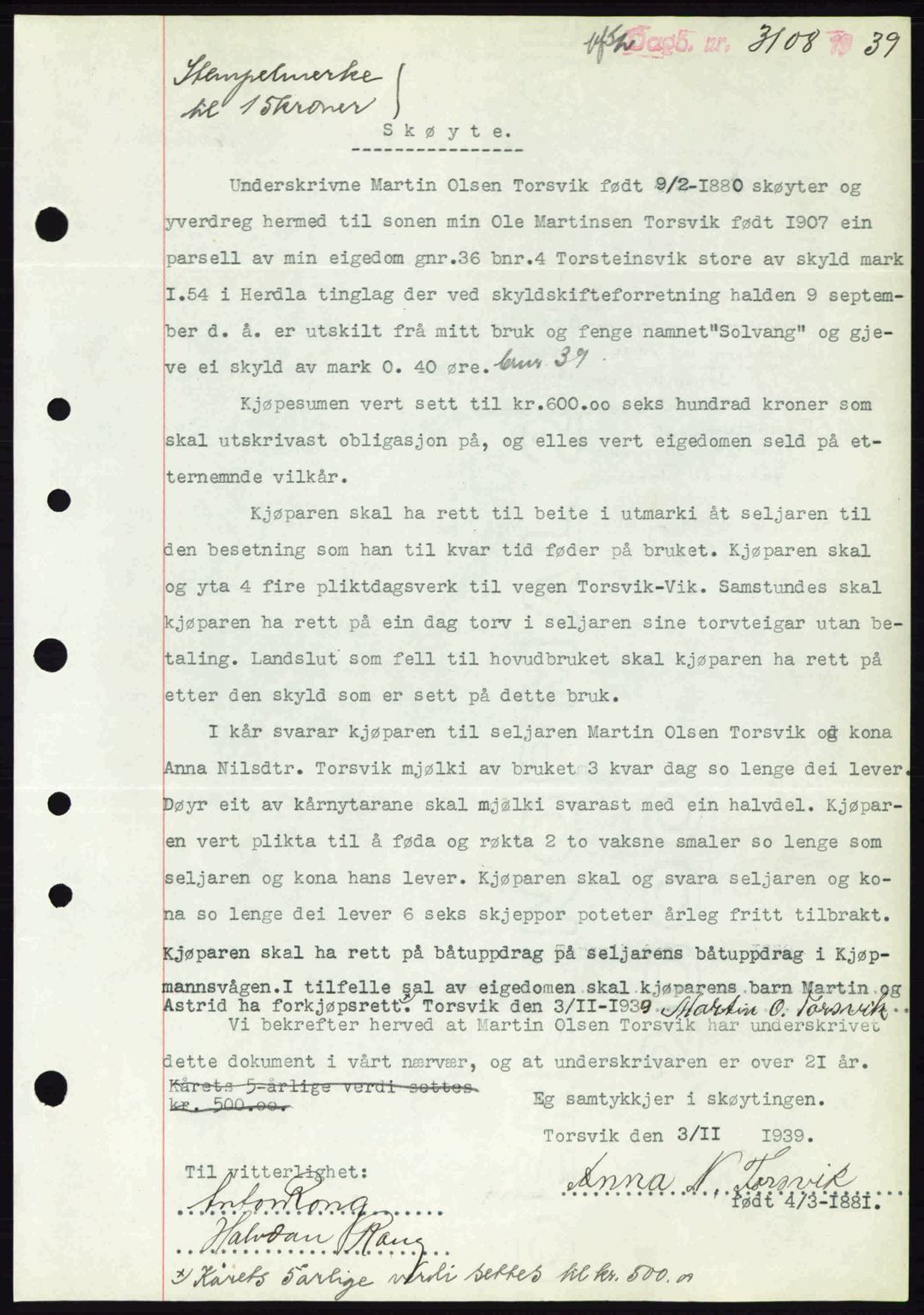 Nordhordland sorenskrivar, SAB/A-2901/1/G/Gb/Gbf/L0010: Mortgage book no. A10, 1939-1940, Diary no: : 3108/1939