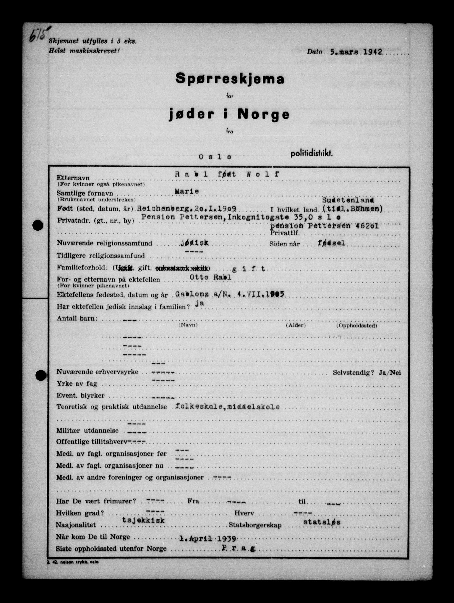 Statspolitiet - Hovedkontoret / Osloavdelingen, AV/RA-S-1329/G/Ga/L0011: Spørreskjema for jøder i Norge. 1: Oslo 610-806 (Plavnik-Zwillinger). 2: Aker 1-113 (Adler-Lewin). , 1942, p. 21