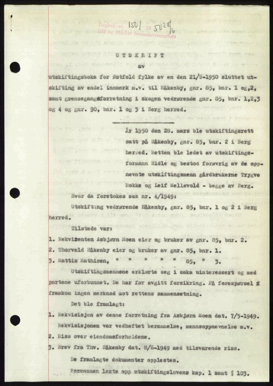 Idd og Marker sorenskriveri, AV/SAO-A-10283/G/Gb/Gbb/L0014: Mortgage book no. A14, 1950-1950, Diary no: : 1501/1950