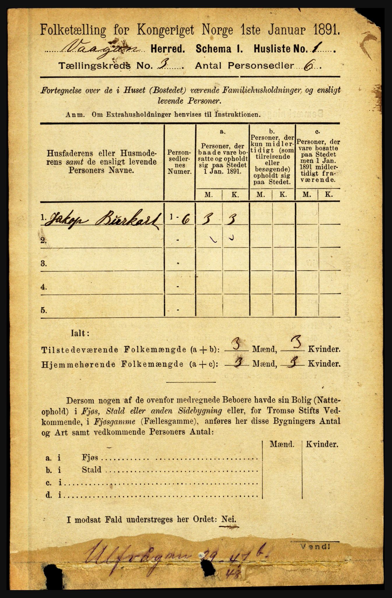 RA, 1891 census for 1865 Vågan, 1891, p. 661