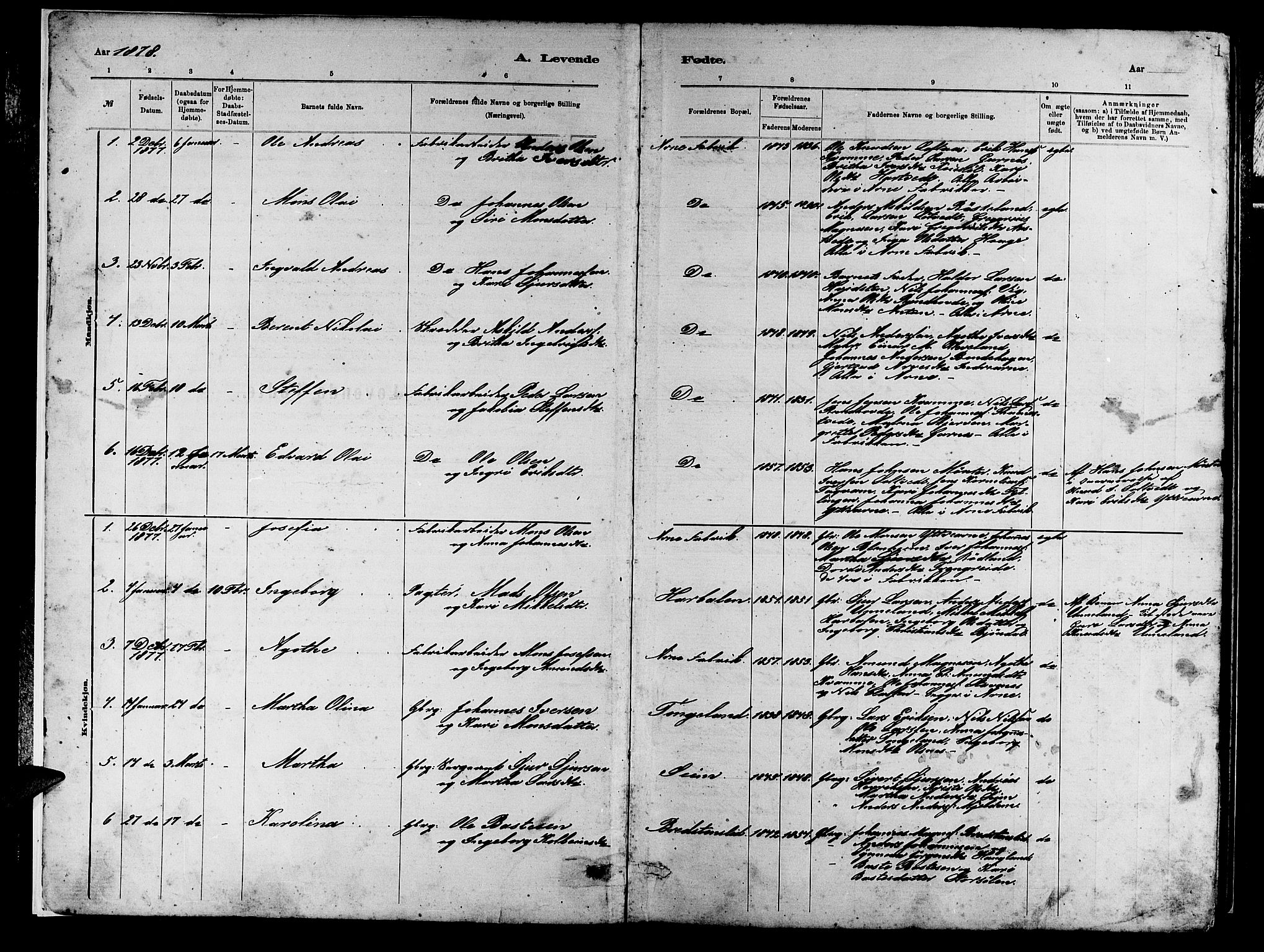 Arna Sokneprestembete, SAB/A-74001/H/Ha/Hab: Parish register (copy) no. A 2, 1878-1887, p. 1