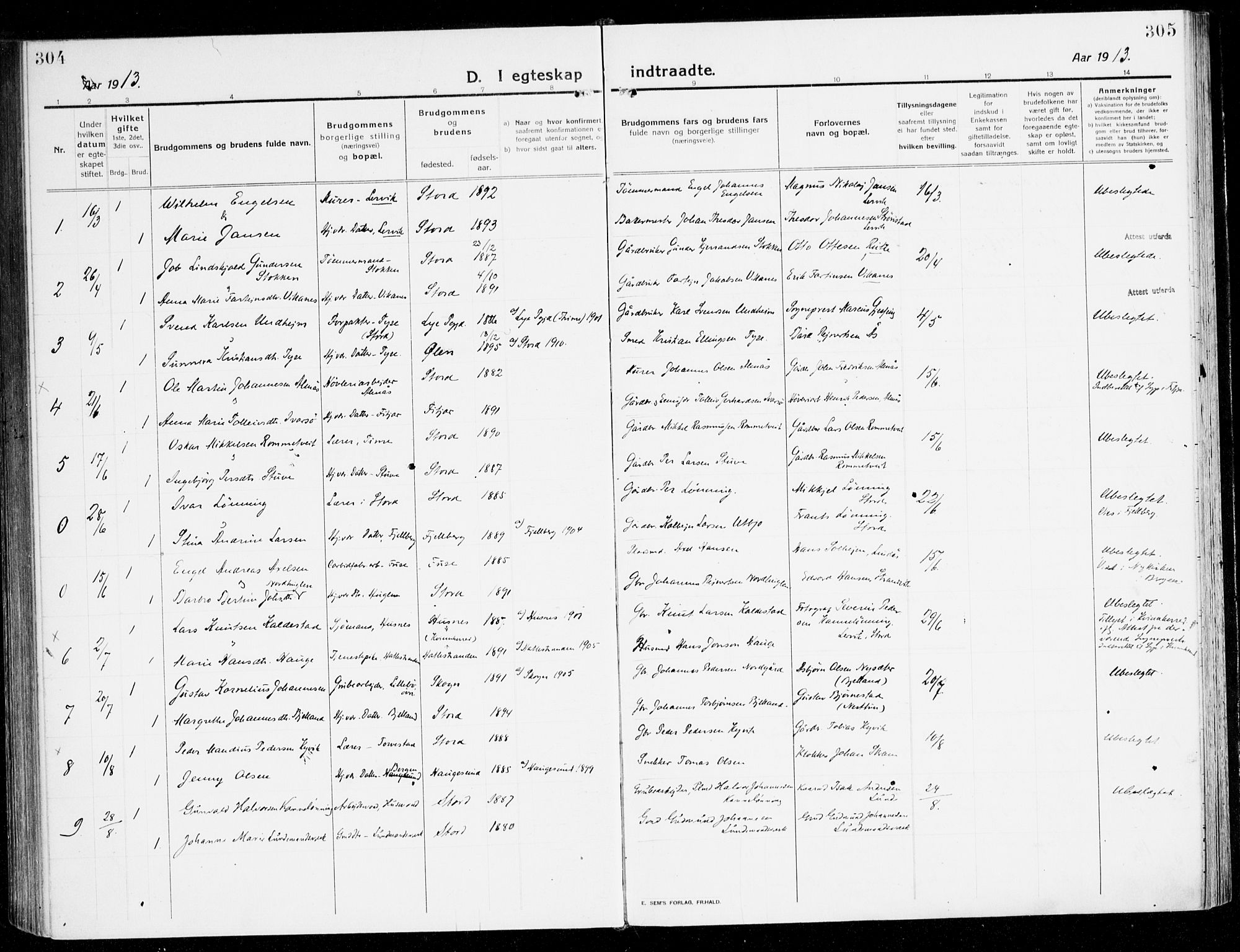 Stord sokneprestembete, SAB/A-78201/H/Haa: Parish register (official) no. B 3, 1913-1925, p. 304-305