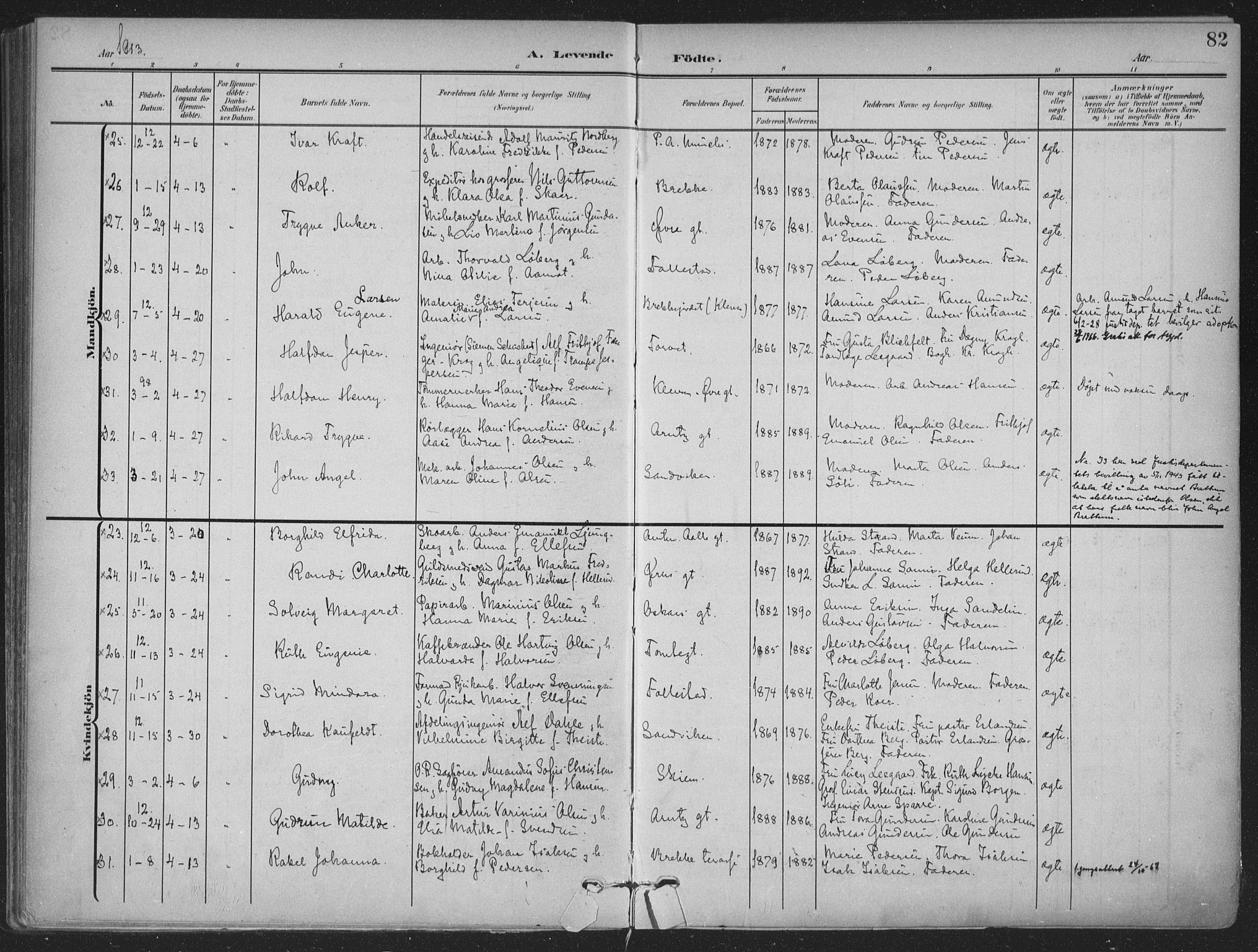 Skien kirkebøker, AV/SAKO-A-302/F/Fa/L0012: Parish register (official) no. 12, 1908-1914, p. 82